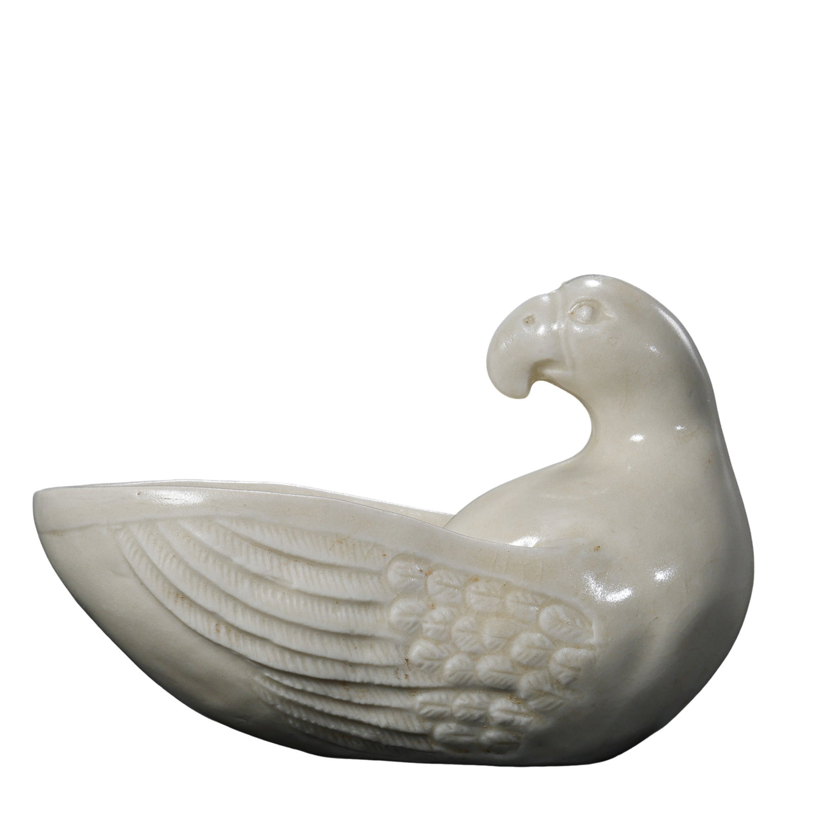 Qianlong Period White-Glazed Parrot-Shaped Water Dropper (Parrot Washer), Qing Dynasty, 18th Century: Dimensions: H. 8.5 cm (3.35 in / 0.28 ft), L. 12.5 cm (4.92 in / 0.41 ft); 18th century Qing Dynasty scholar’s object.Condition & Provenance: Good overall condition. The surface retains its natural 