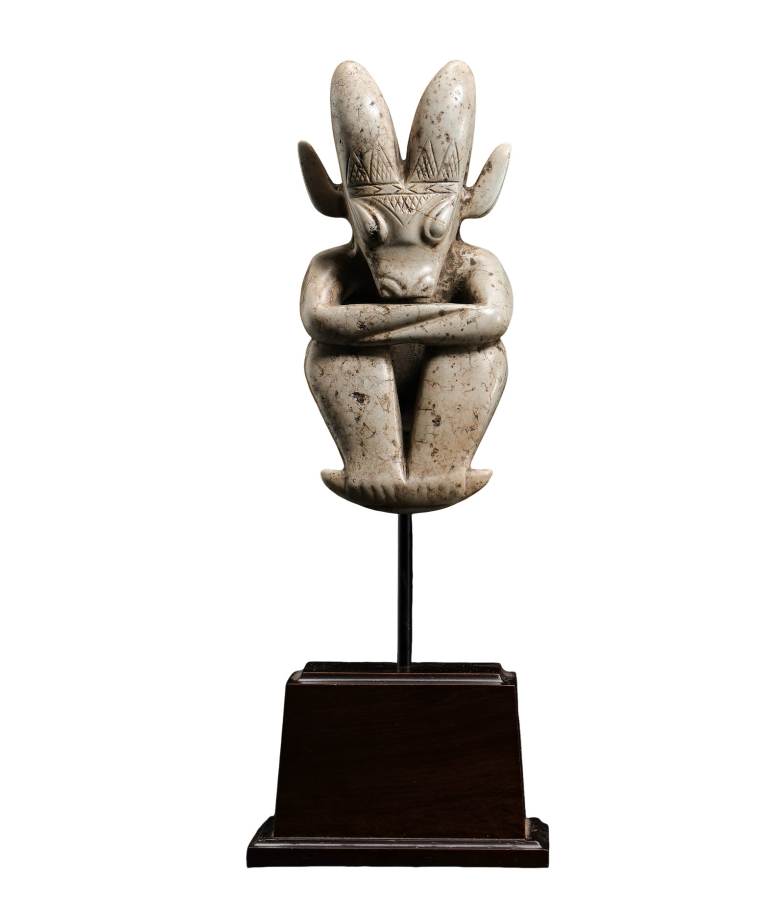 Neolithic Hongshan Culture Period (7500–2900 BCE) Chicken-Bone White Hetian Jade “Sun God: Dimensions: Neolithic Hongshan Culture Period (7500–2900 BCE); Jade figure H. 13.5 cm / 5.31 in; W. 6.5 cm / 2.56 in; Overall height with stand approx. 23 cm / 9.06 in;Weight 311 g / 10.97 oz?Condit