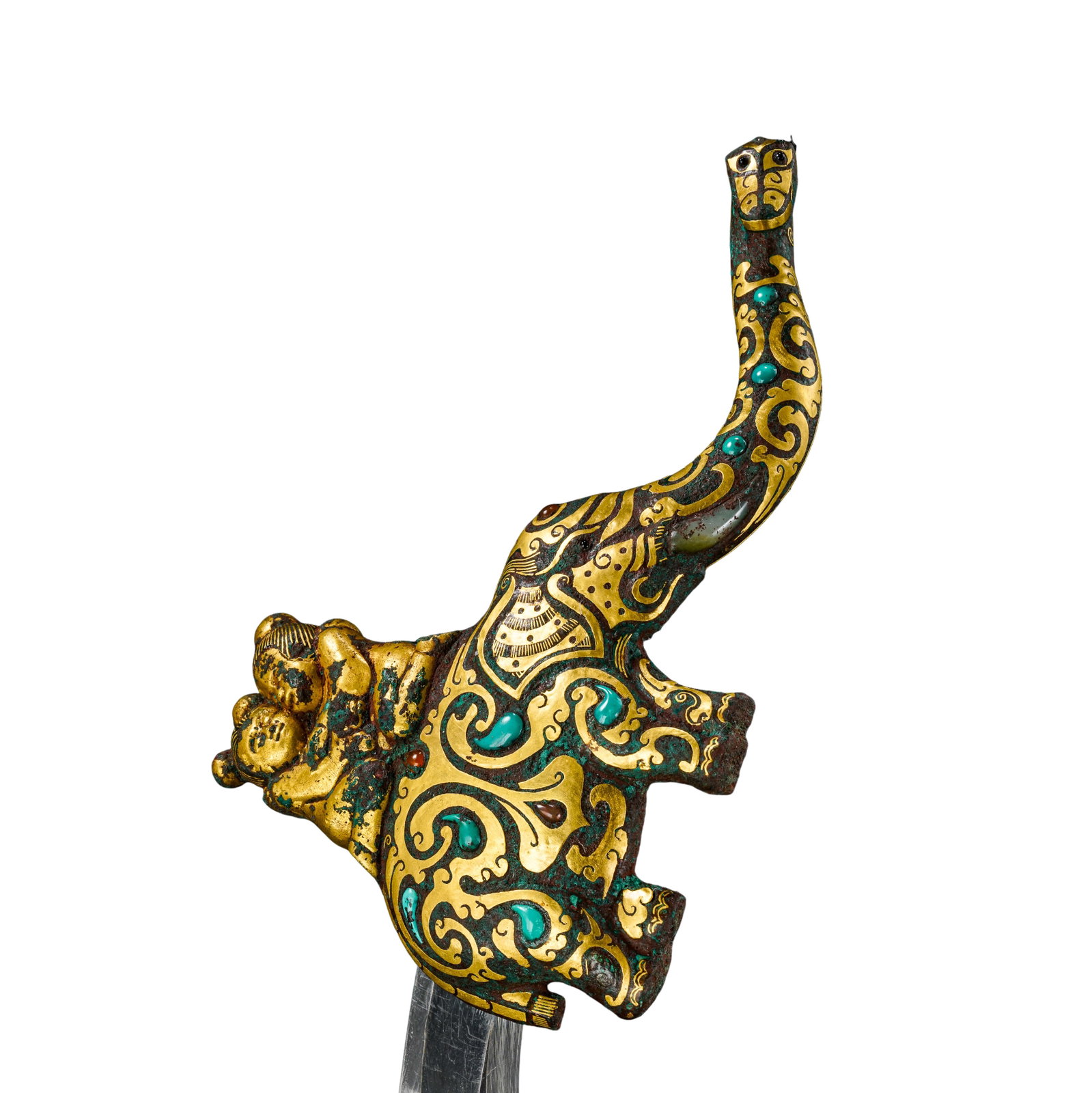 Warring States Period (5th–3rd Century BCE) Gilt Bronze Belt Hook with Inlaid Turquoise and Agate,: Dimensions and Weight: L. 17 cm (6.69 in), H. 10 cm (3.94 in); Weight: 510 g (1.12 lb); Warring States Period?Condition and Provenance: The bronze body is well preserved with naturally developed green