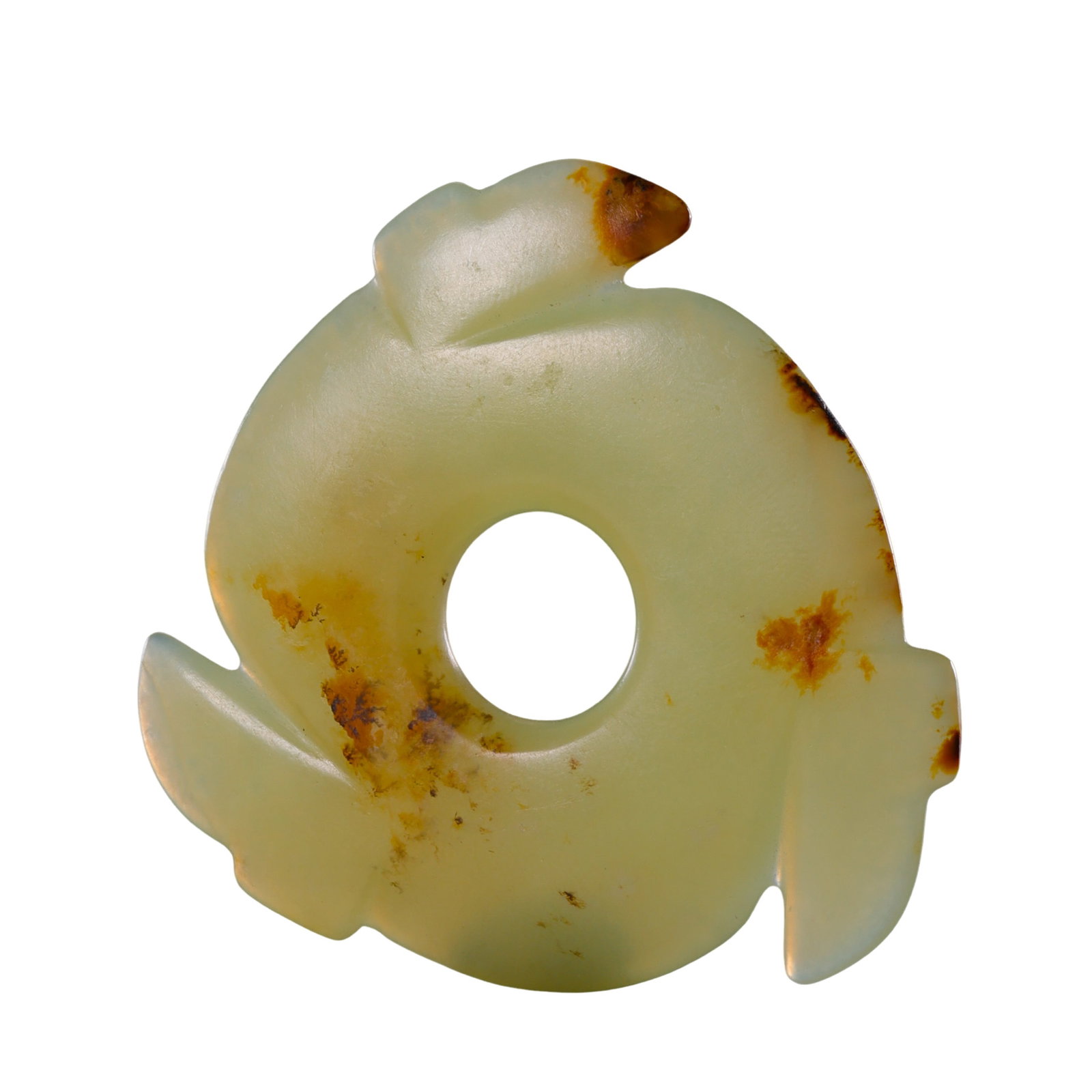 Neolithic Liangzhu Culture Period (ca. 3300–2300 BCE) Hetian Yellow Jade Xuanji Ritual Disc: Dimensions and Weight: D. 5 cm (1.97 in); Weight: 16.6 g (0.58 oz); Neolithic Liangzhu Culture Period?Condition and Provenance: The piece is well preserved with a finely polished jade surface displayi