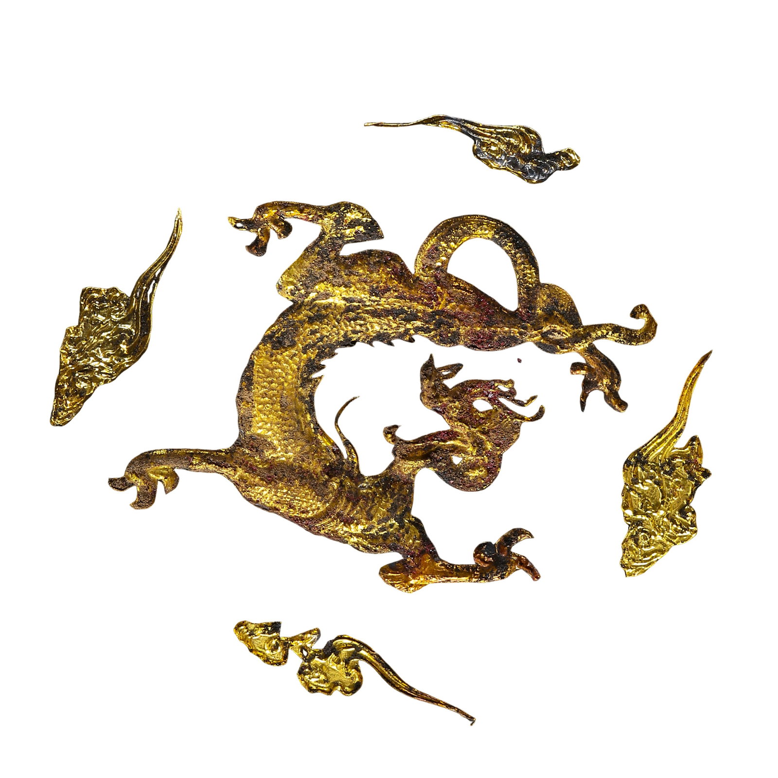 Tang Dynasty (7th–9th Century) Pair of Gold Repoussé Openwork Flying Apsara Plaques and Group of: Dimensions & Weight: Flying Apsara plaques: L 8.7 cm / 3.4 in, H 3.7 cm / 1.5 in; weight approx. 4.8 g each; Dragon and cloud plaques: L 8.5 cm / 3.3 in, H 7.2 cm / 2.8 in; additional dragon plaque gr
