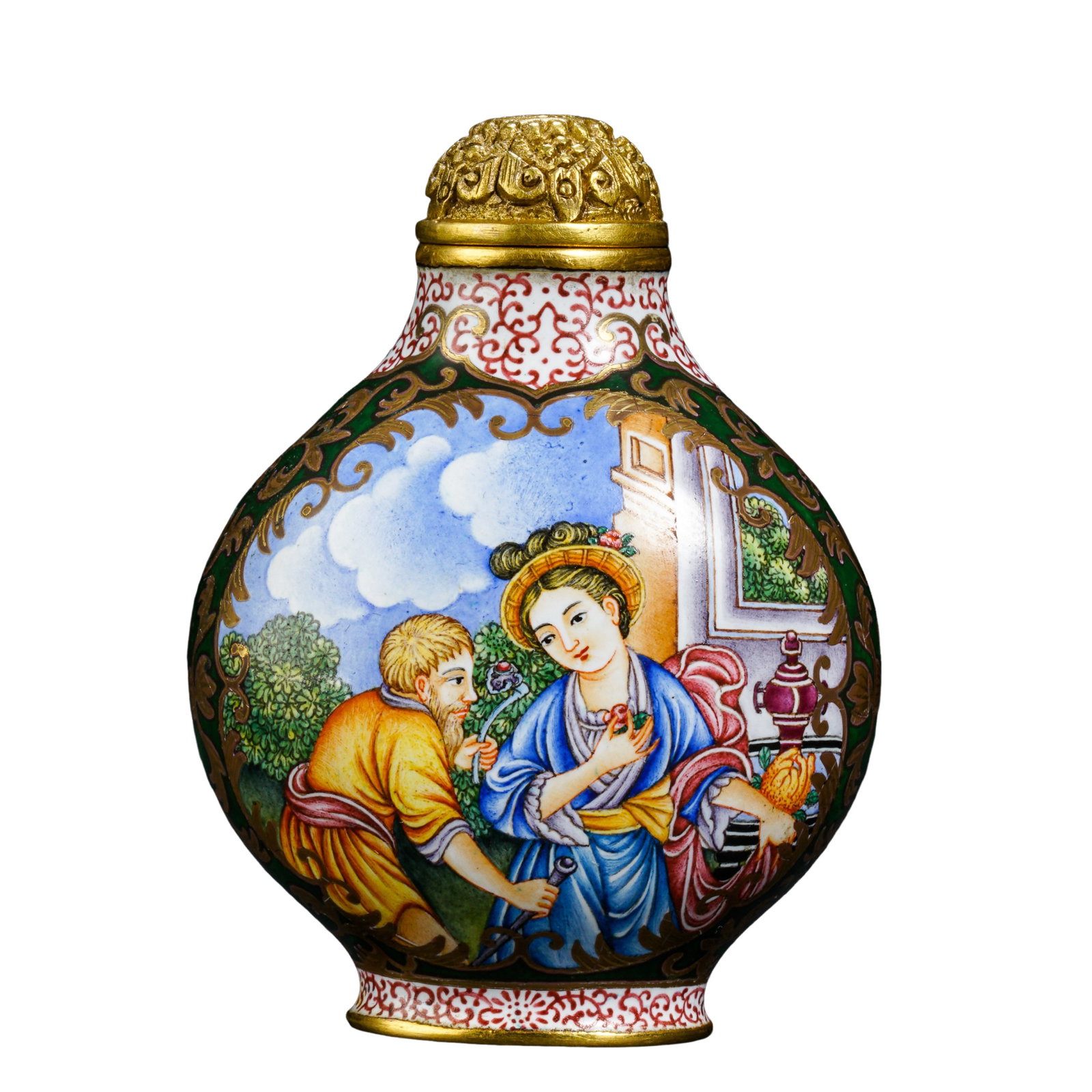 A Qianlong Period (18th Century) Imperial Copper-Enamel Snuff Bottle with Green Ground, Gilt: Measurements & Weight: Qianlong Period, 18th Century. Height: 6.3 cm (approx. 2.48 in); Width: 4.5 cm (approx. 1.77 in); Weight: 51 g (approx. 1.80 oz)?Condition & Provenance: Good overall condition. 