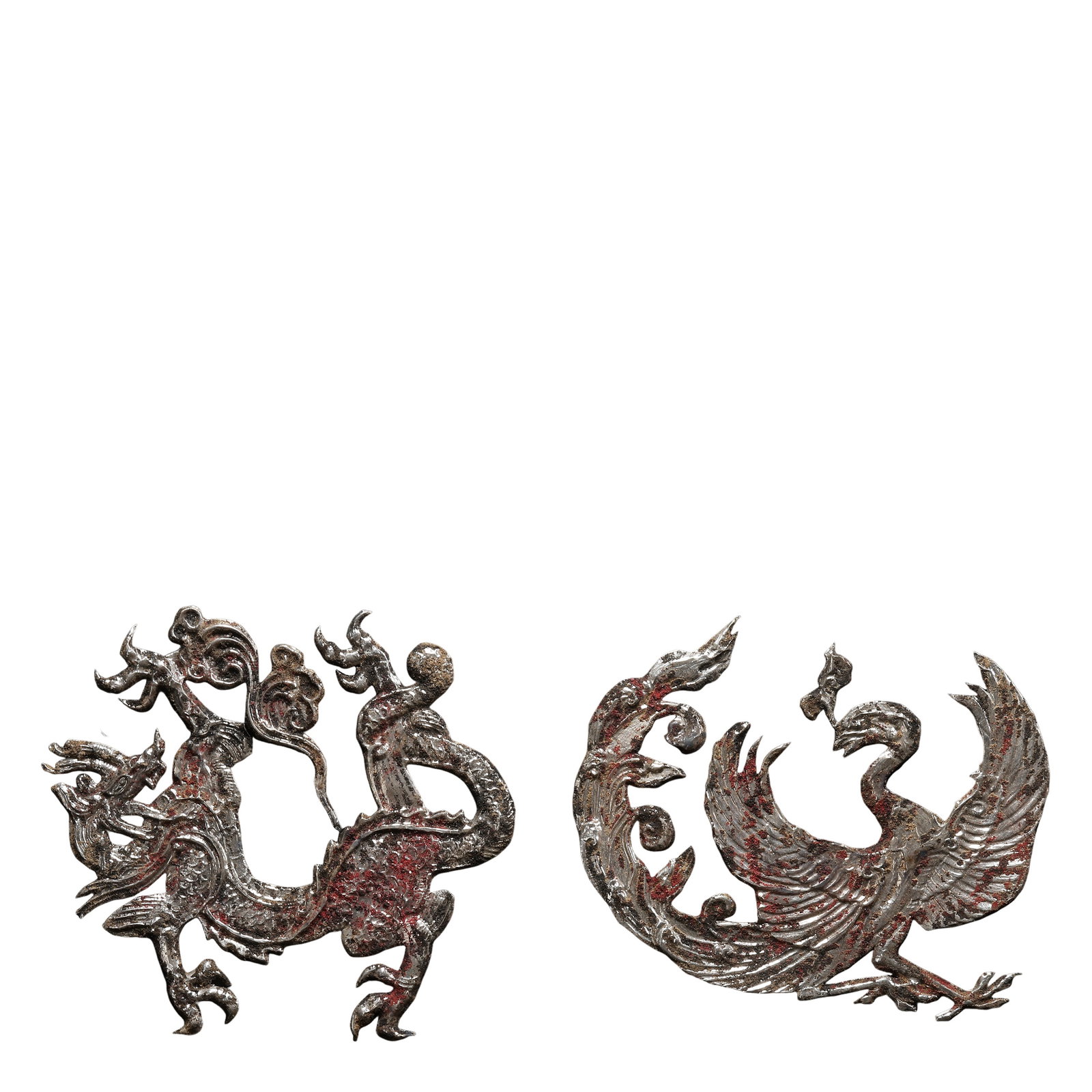 Pair of Ming–Qing Dynasty Silver Repoussé and Chased Dragon and Phoenix Decorative Plaques (1 of 4)