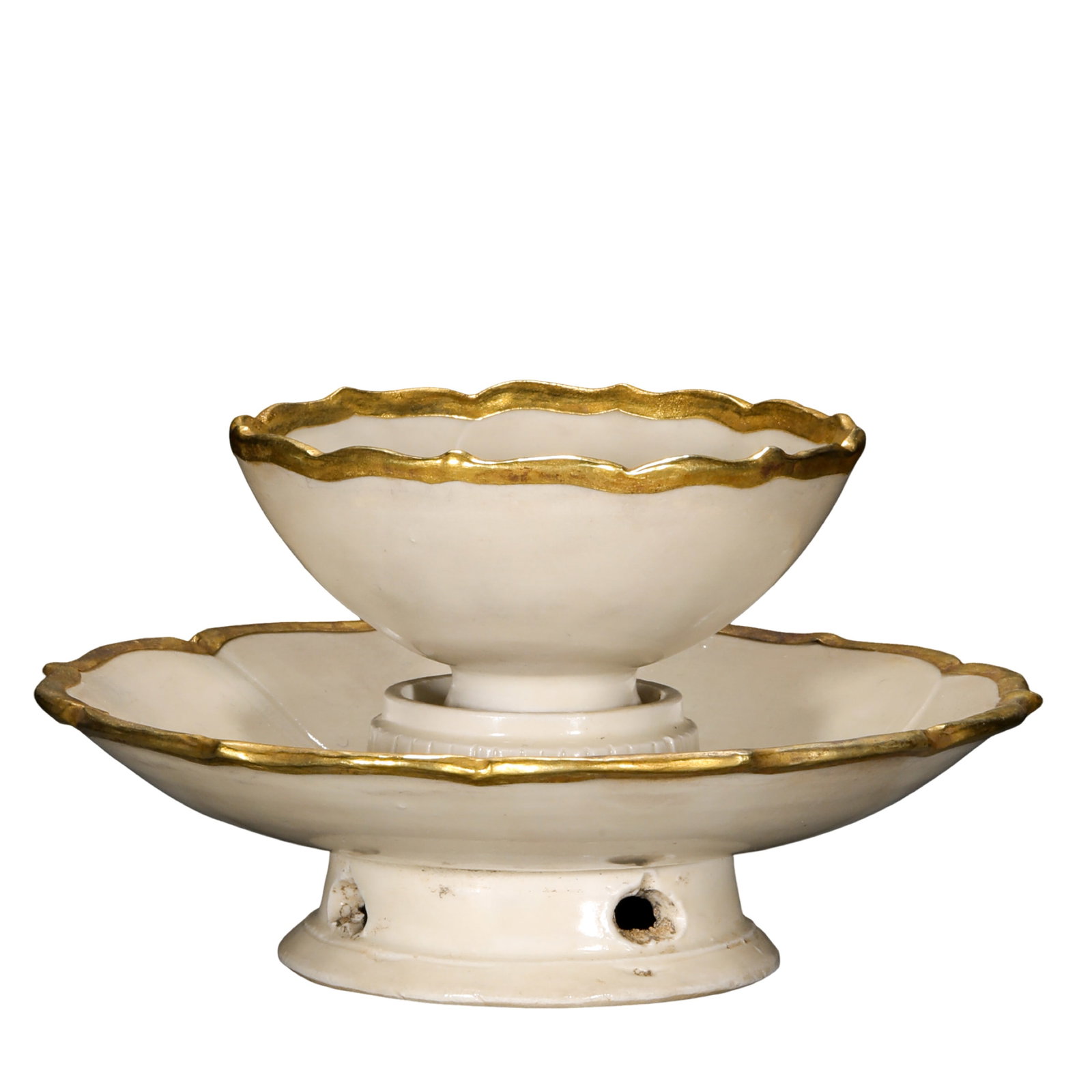 Northern Song Dynasty Ding Kiln White Glazed Flower-Shaped Cup with Matching Stand and Gold Rim: Dimensions & Weight: Height 7.5 cm (2.95 in); Width 14 cm (5.51 in); Song Dynasty, 11th–12th Century; Weight not provided?Condition & Provenance: Overall well preserved with a warm ivory-white glaze