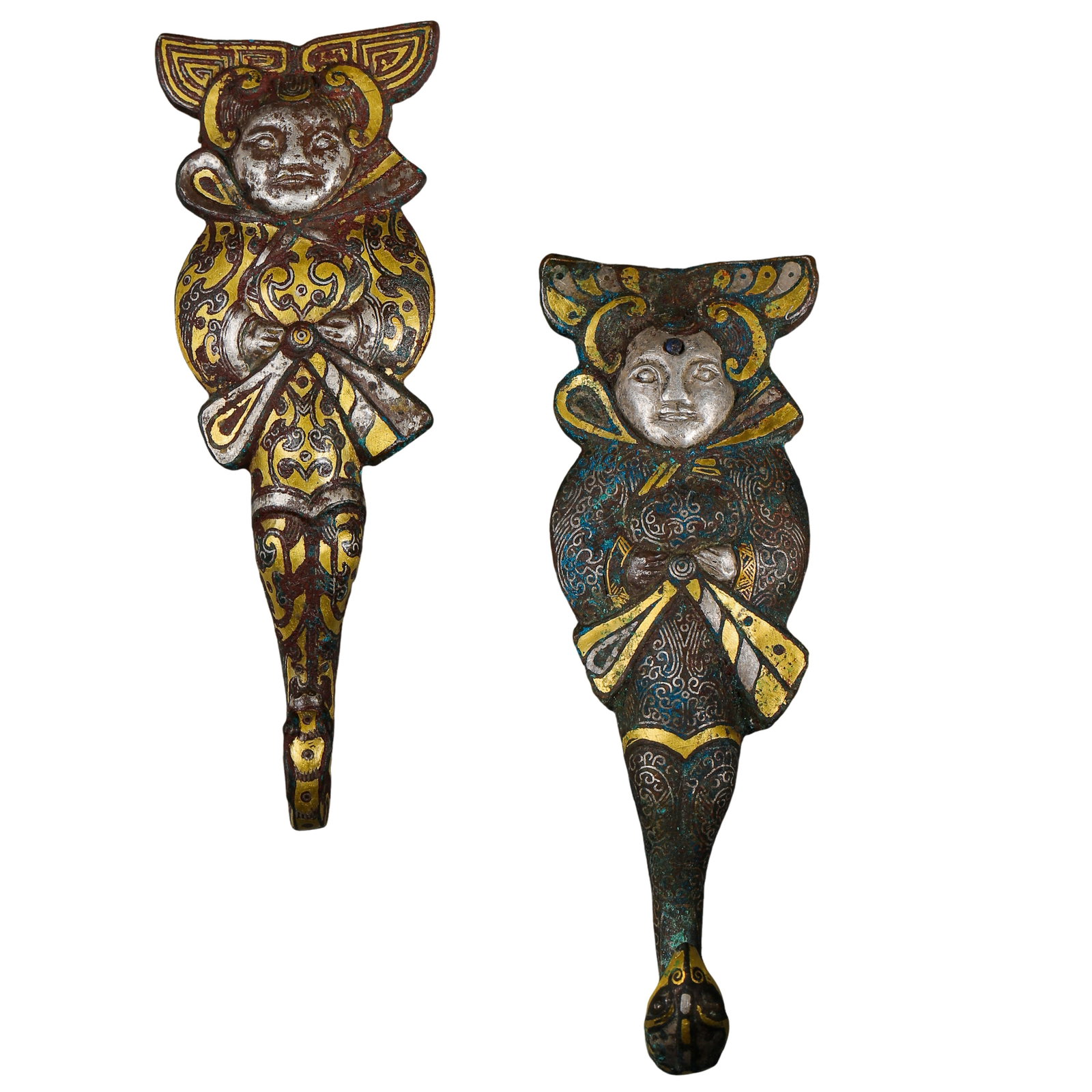 Warring States Period Gilt and Silver Inlaid Bronze Human Figure Belt Hooks, Pair, 5th–3rd Century: Dimensions & Weight: Height 9 cm (3.54 in); Width 3.2 cm (1.26 in); Warring States Period, 5th–3rd Century BCE; Weight 117 g?Condition & Provenance: The pair remains in very good condition, preservi
