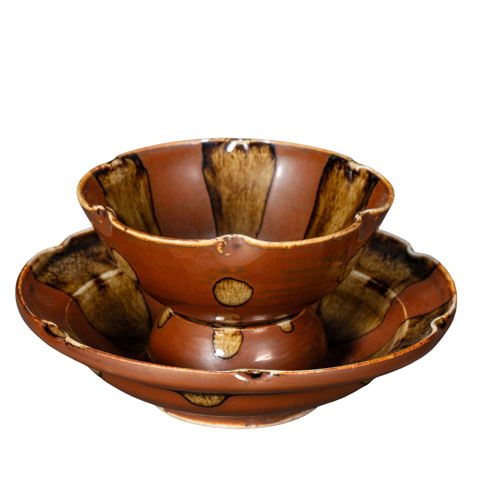 Northern Song Dynasty Ding Ware Purple-Brown Glazed Tea Cup and Stand Set with Splashed Decoration: Dimensions: D. 11.5 cm (4.53 in / 0.38 ft), H. 6 cm (2.36 in / 0.20 ft), 11th–12th Century?Condition & Provenance: The set remains together with both cup and stand preserved. The glaze has a warm, l