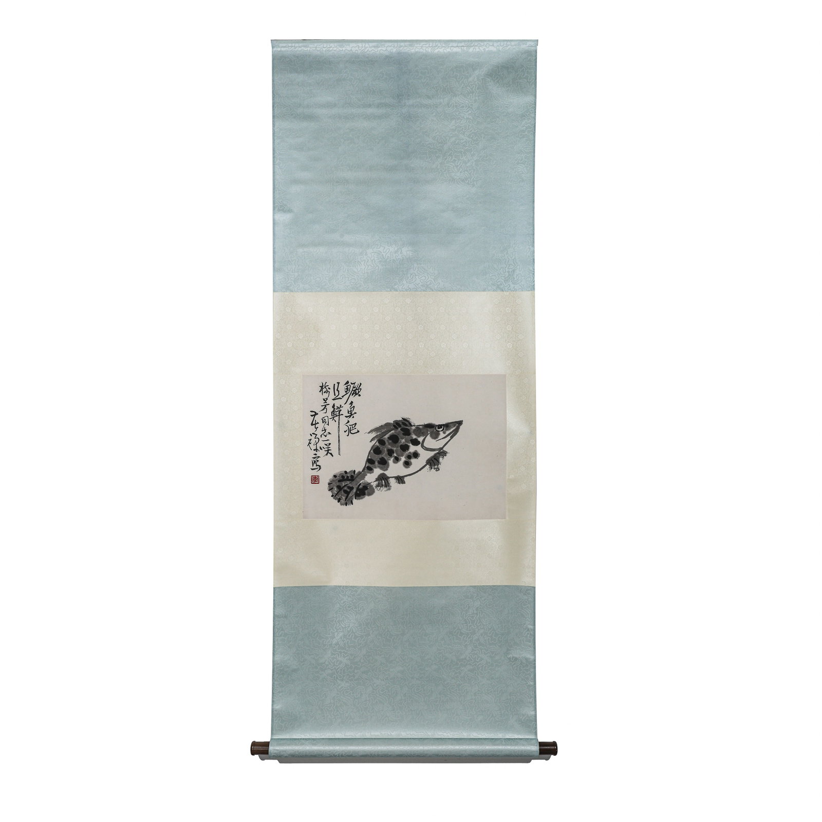 Li Kuchan (1899–1983), Ink Painting of Mandarin Fish, Hanging Scroll: Dimensions: 20th Century (circa 1960s). Painting: 34.5 × 49 cm / 13.6 × 19.3 in; Mounted size: approximately 49 cm / 19.3 in wide?Inscription & Seal: Inscribed “The mandarin fish is plump and deli