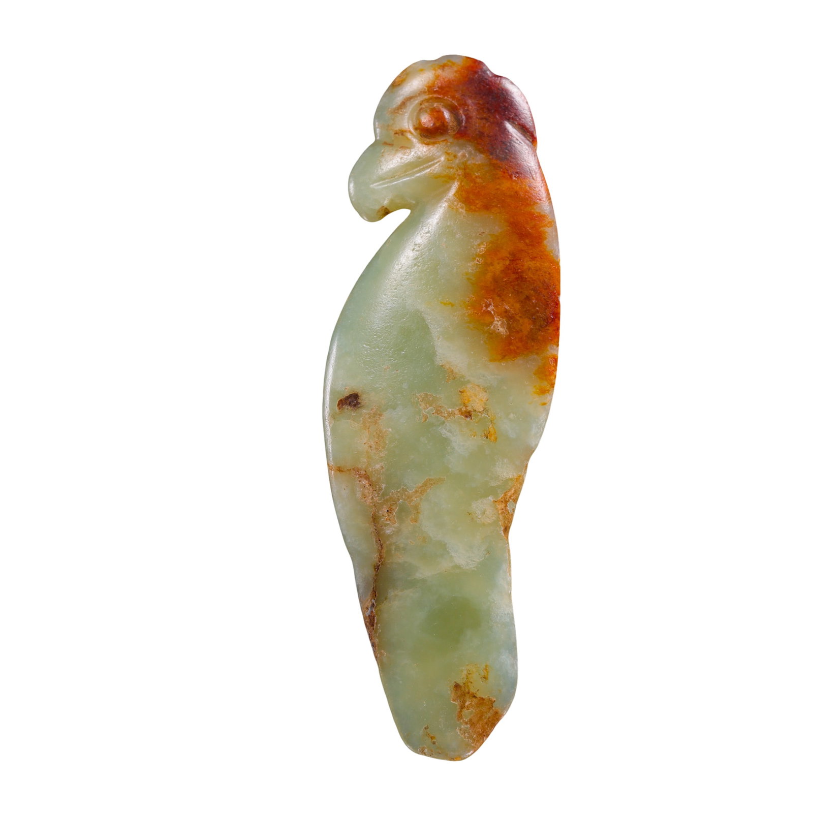 Neolithic Hongshan Culture River-Polished Jade Bird Pendant with Natural Russet Burial Staining,: Dimensions: Overall Height 8.7 cm (3.43 in / 0.29 ft); Maximum Width 2.7 cm (1.06 in / 0.09 ft); Neolithic Period, Hongshan Culture?Weight: 20.7 g (approx. 0.73 oz)?Condition & Provenance: The jade bi