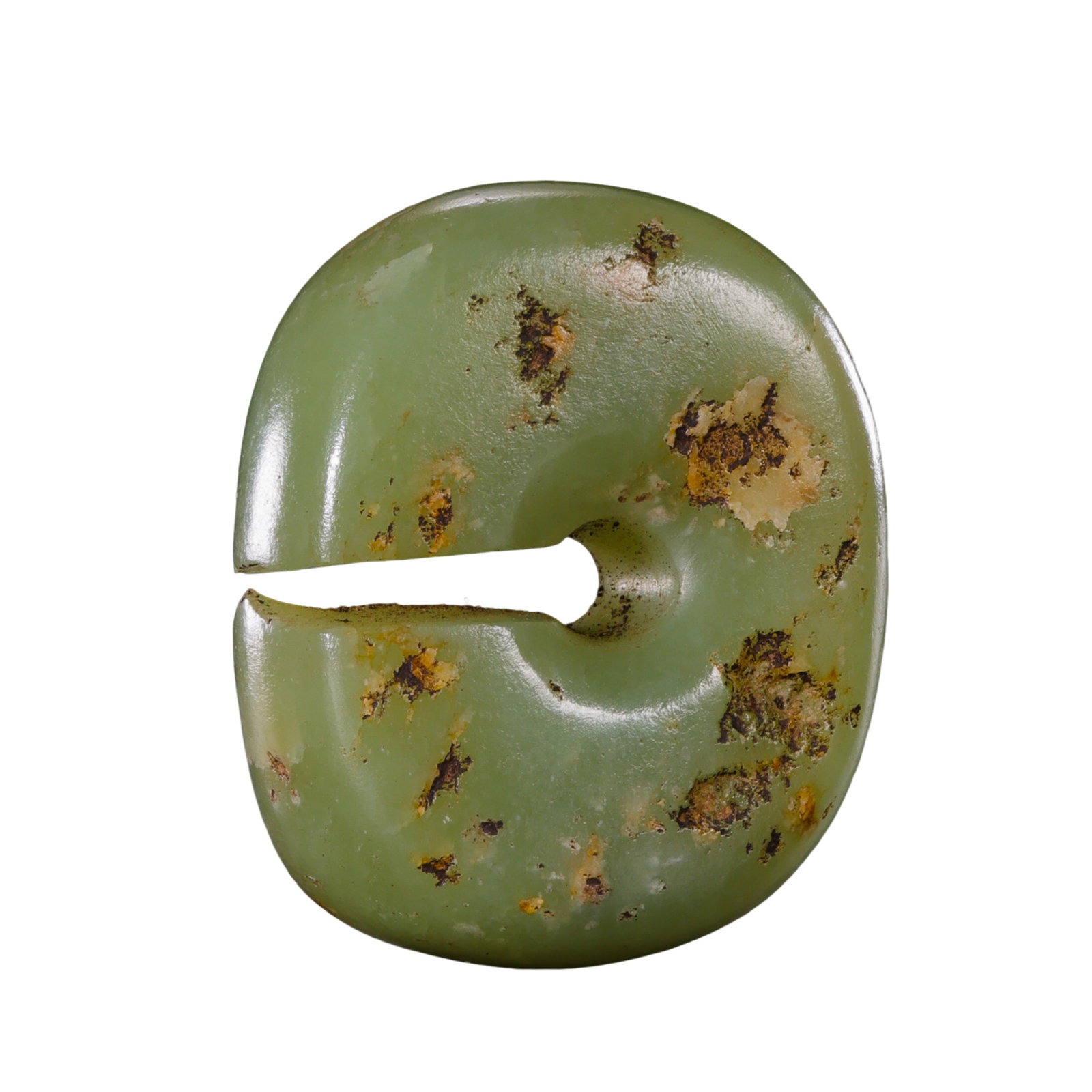 Neolithic Hongshan Culture River-Polished Jade Jue Pendant with Natural Soil Staining, circa: Dimensions: Height 3.2 cm (1.26 in / 0.10 ft); Width 3 cm (1.18 in / 0.10 ft); Neolithic Period, Hongshan Culture?Weight: 29.7 g (approx. 1.05 oz)?Condition & Provenance: The jade jue is preserved int