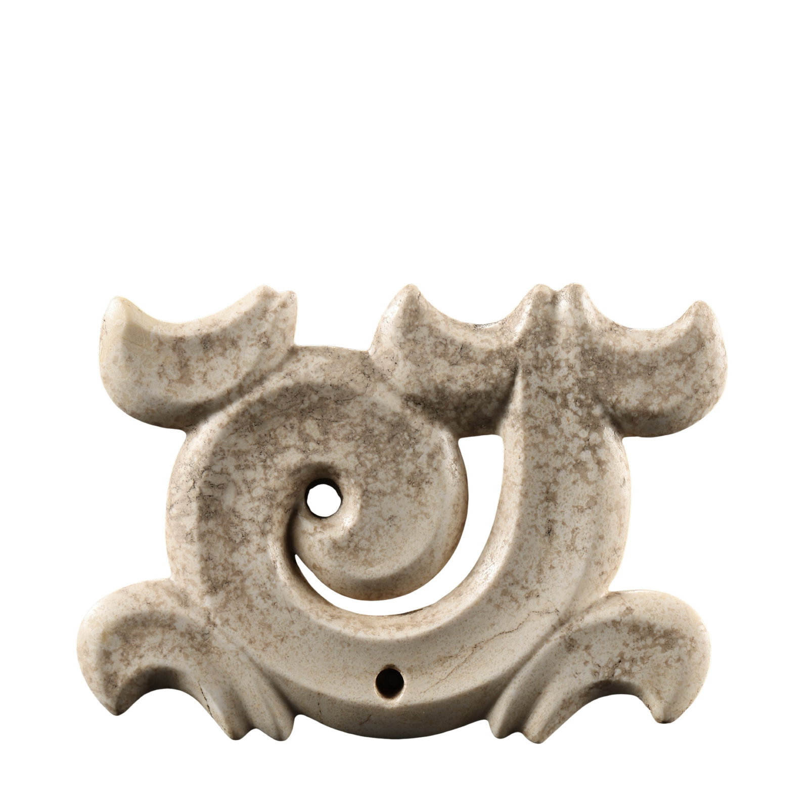Neolithic Hongshan Culture Chicken-Bone White Jade Cloud-Shaped Pendant, circa 4700–2900 BCE: Dimensions: Length 8 cm (3.15 in / 0.26 ft); Height 5.9 cm (2.32 in / 0.19 ft); Late Neolithic Period, 5th–3rd Millennium BCE?Weight: 39 grams (1.38 oz)?Condition & Provenance: The cloud-shaped jade