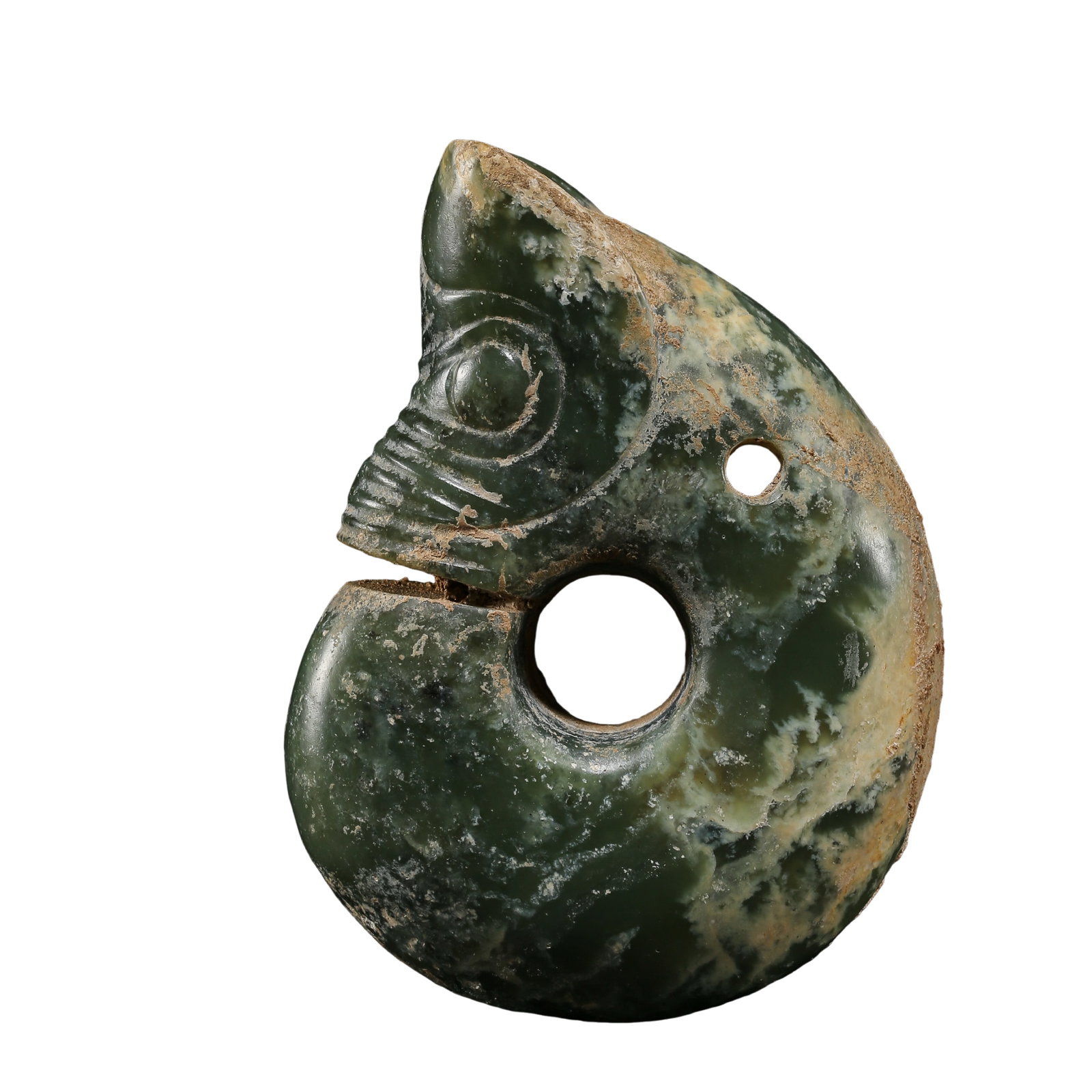 Neolithic Hongshan Culture River-Polished Nephrite Pig-Dragon Ritual Pendant, circa 4700–2900 BCE: Dimensions: Height 10.5 cm (4.13 in / 0.34 ft); Width 8 cm (3.15 in / 0.26 ft); Late Neolithic Period, 5th–3rd Millennium BCE?Weight: 411 grams (14.50 oz)?Condition & Provenance: The jade pig-dragon