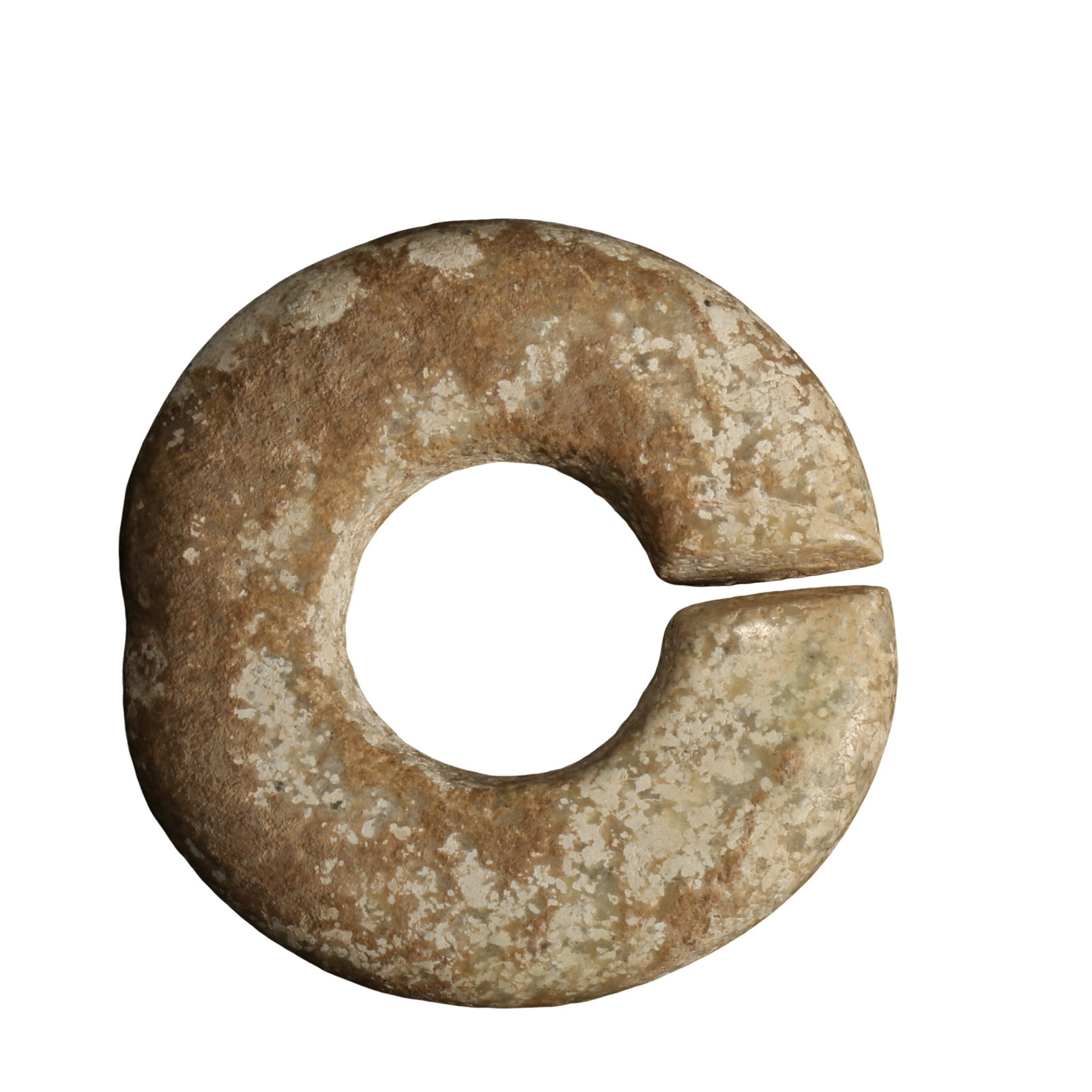 Neolithic Hongshan Culture Chicken-Bone White Jade Jue, circa 4700–2900 BCE: Dimensions: Outer Diameter 4.4 cm (1.73 in / 0.14 ft); Late Neolithic Period, 5th–3rd Millennium BCE?Weight: 28 grams (0.99 oz)?Condition & Provenance: The jade jue is preserved intact overall, with