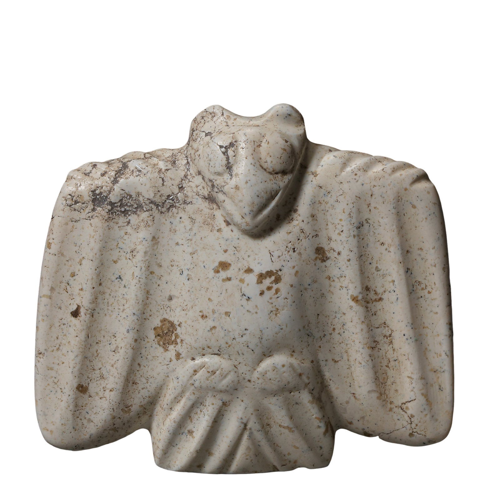 Neolithic Hongshan Culture Chicken-Bone White Jade Owl Pendant, circa 4700–2900 BCE: Dimensions: Height 5 cm (1.97 in / 0.16 ft); Width 5.5 cm (2.17 in / 0.18 ft); Late Neolithic Period, 5th–3rd Millennium BCE?Weight: 34 grams (1.20 oz)?Condition & Provenance: The jade owl is preser