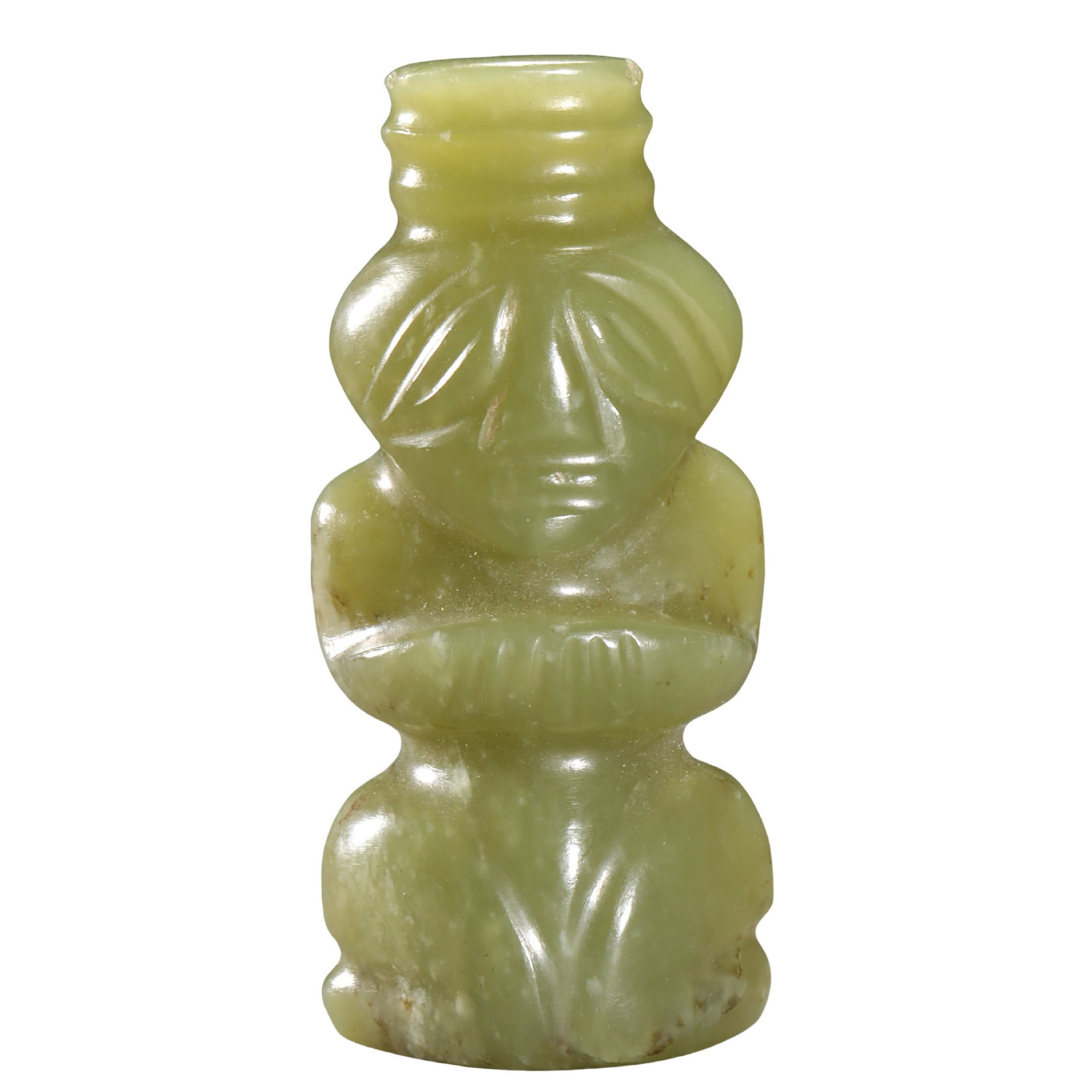 Neolithic Hongshan Culture River-Polished Jade Kneeling Shamanic Figure, circa 4700–2900 BCE: Dimensions: Height 6.7 cm (2.64 in / 0.22 ft); Width 3.1 cm (1.22 in / 0.10 ft); Late Neolithic Period, 5th–3rd Millennium BCE?Weight: 66.5 grams (2.35 oz)?Condition & Provenance: The river-polished