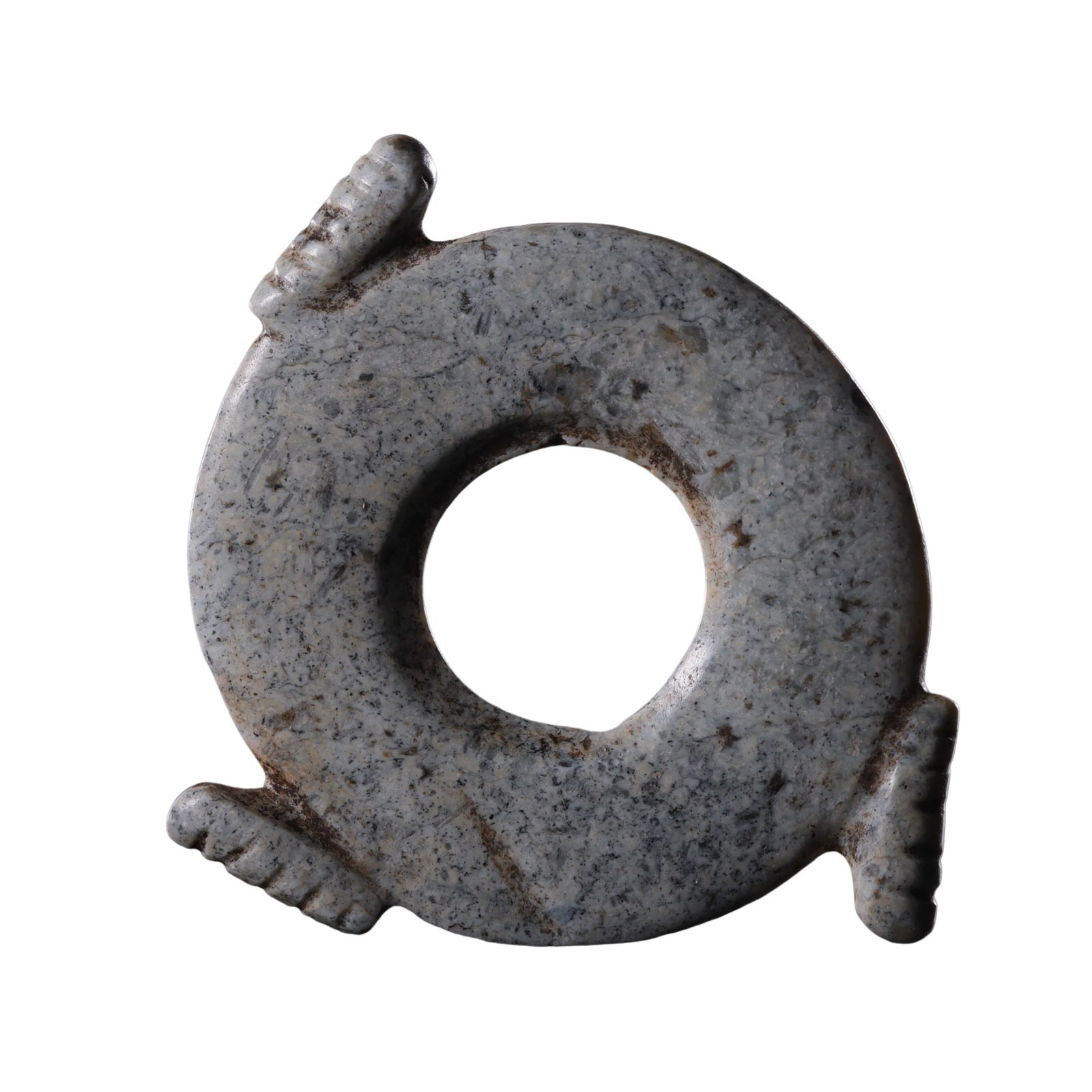 Neolithic Hongshan Culture Chicken-Bone White Jade Three-Toothed Xuanji Disc, circa 4700–2900 BCE: Dimensions: Outer Diameter 6 cm (2.36 in / 0.20 ft); Late Neolithic Period, 5th–3rd Millennium BCE?Weight: 18.6 grams (0.66 oz)?Condition & Provenance: The jade xuanji is preserved intact overall, w