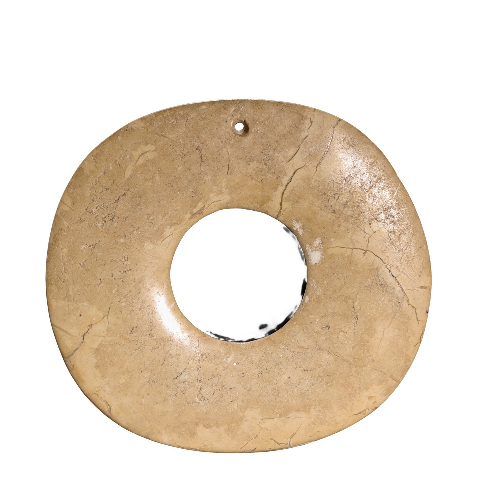 Neolithic Hongshan Culture Chicken-Bone White Jade Bi Disc with Earthy Burial Patina, circa: Dimensions: Length 11.5 cm (4.53 in / 0.38 ft); Width 10.8 cm (4.25 in / 0.35 ft); Late Neolithic Period, 5th–3rd Millennium BCE?Weight: 139 grams (4.90 oz)?Condition & Provenance: The jade bi is pr