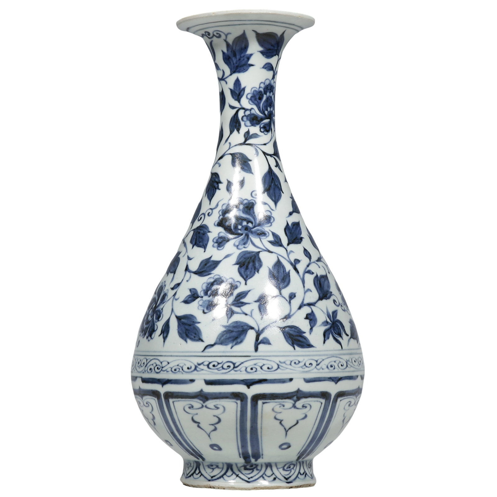 Yuan Dynasty Blue and White Yuhuchun Vase with Interlocking Peony Scroll: Dimensions?H.1.296ft H.39.5cm