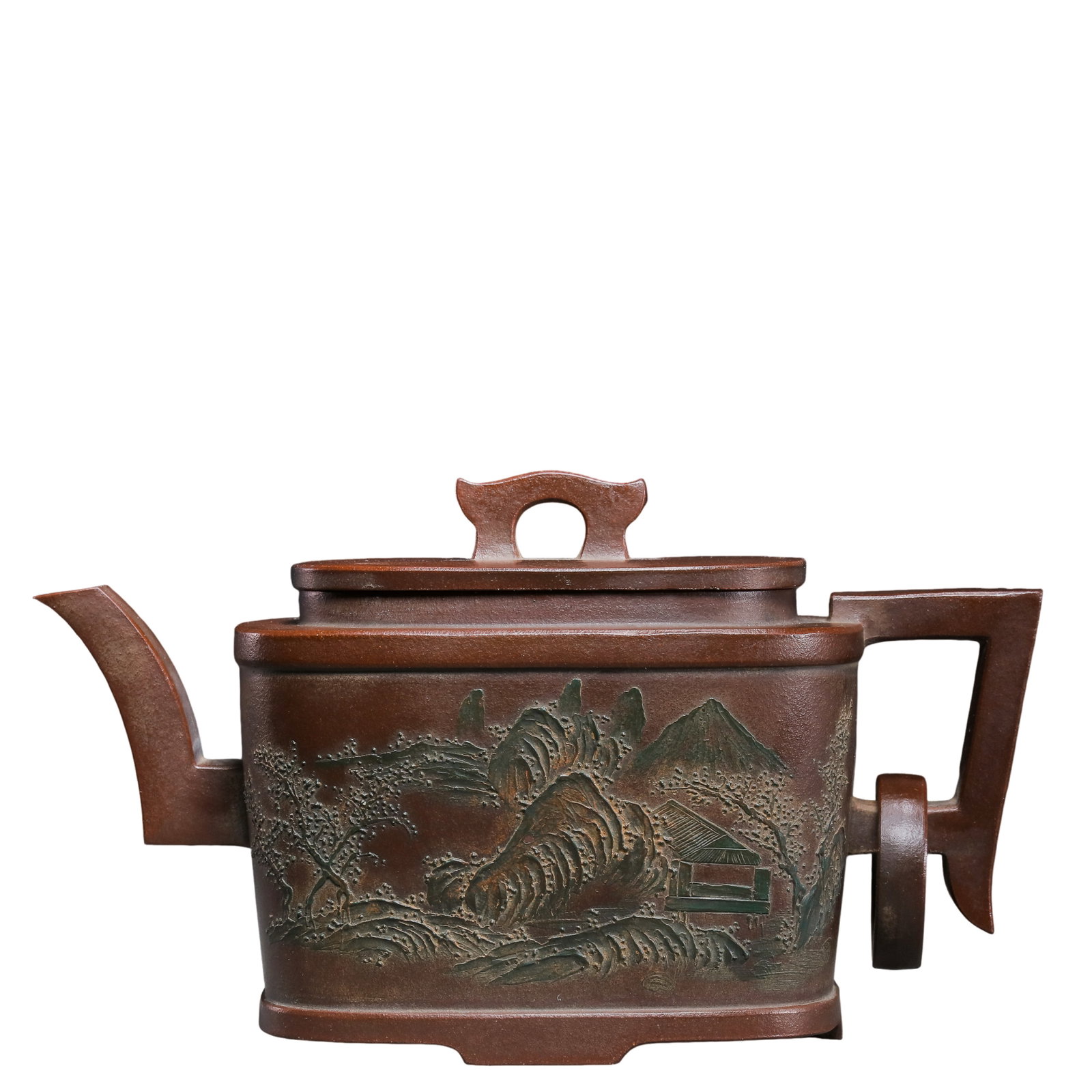 Qing Dynasty Zhou Jishan Inscribed Yixing Zisha Clay Teapot with Landscape Decoration (Late: Dimensions: L. 14.5 cm (5.7 in), H. 8 cm (3.1 in), Century: 17th–18th Century?Condition & Provenance: The teapot is in good overall condition, with a well-preserved body, fine purple clay texture, a