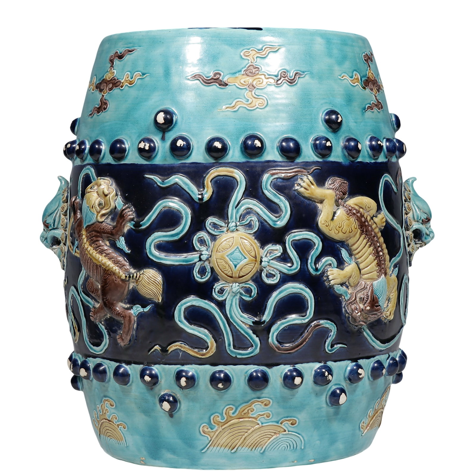 Ming Dynasty Fahua?Glazed Drum?Shaped Garden Stool With Raised Lion?and?Ball Relief: Dimensions?H.34cm?W.25cm?H.1.115ft?W.0.820ft? Condition & Provenance?This drum?form stool remains structurally whole. Minor glaze nicks and wear spots appear on some raised stud bosses, age?related fi