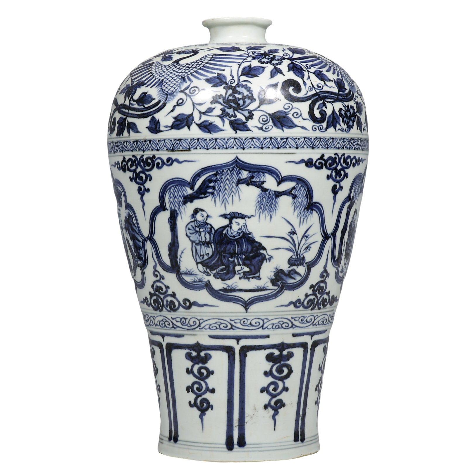 Yuan Dynasty Blue?and?White Meiping Vase With Phoenix And Four Figural Story Panels: Dimensions?H.34cm?H.1.115ft? Condition & Provenance?The vase retains its complete original form. Several fine age?related cracks appear around mouth rim, no large chips or missing glaze sections. Pain