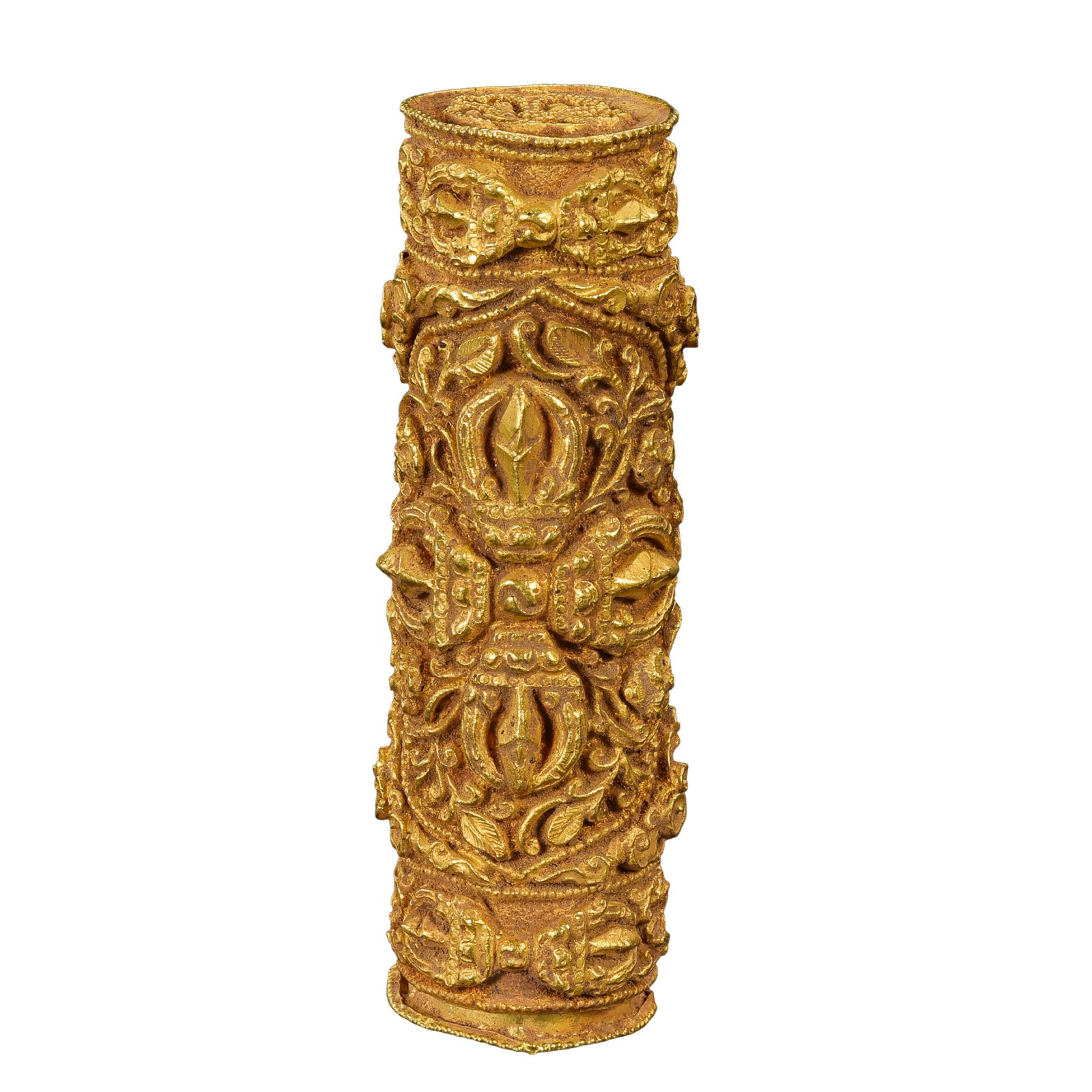 Qing Dynasty, Qianlong Period (1736–1795) Tibetan Gilt Gold Openwork Lotus Scroll Sutra Container: Dimensions (cm/inches | Century: 18th Century): Overall Height 7 cm (2.76 in), Diameter 2 cm (0.79 in), Weight 23 g?Condition & Provenance: Preserved in outstanding original condition with no breaks, 