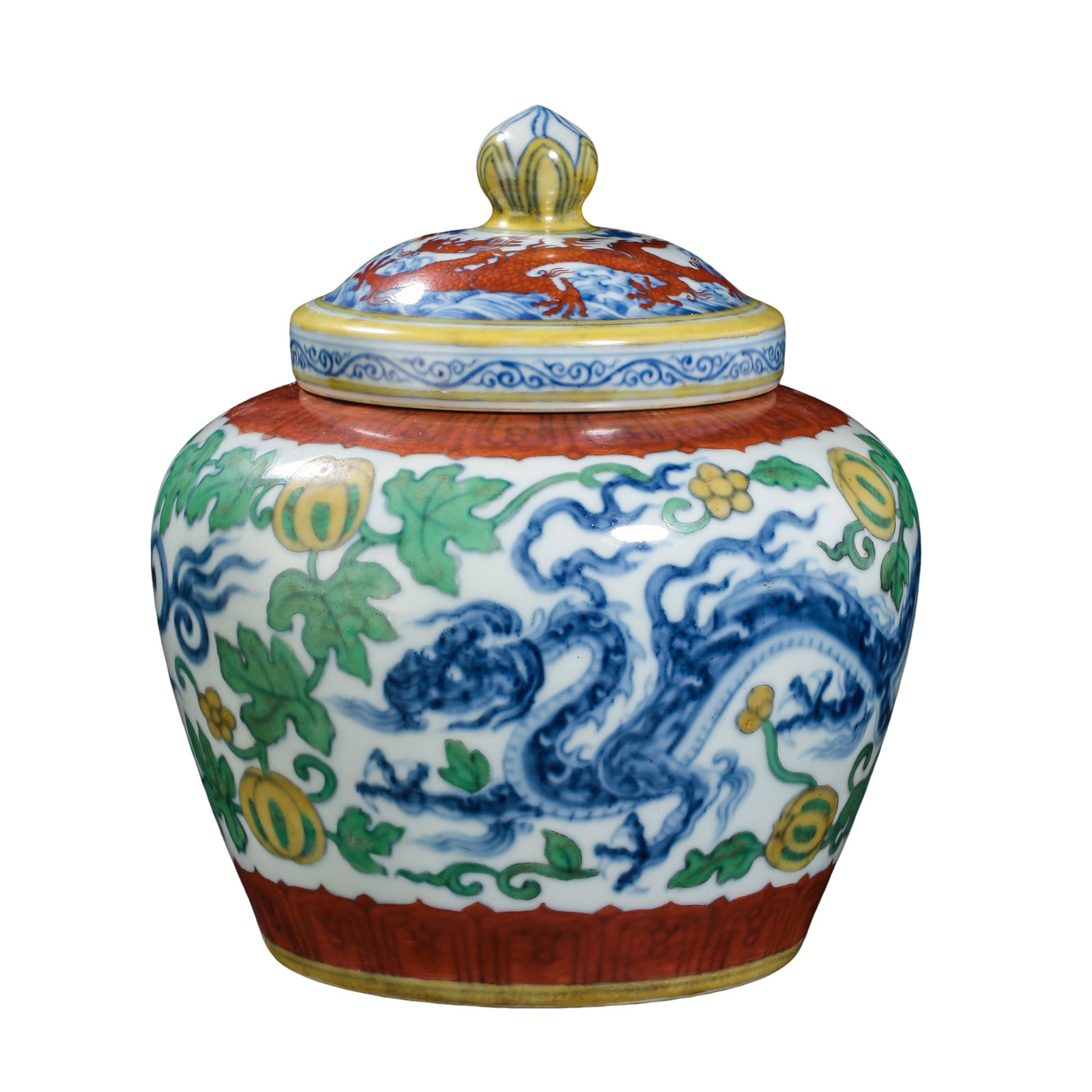 Chenghua Period (Late 15th Century) Doucai Blue and White Dragon and Fruit Decorated “Tian: Dimensions: H 19 cm (approx. 7.5 in); Ming Dynasty, Chenghua Period (1465–1487)?Condition & Provenance: The jar is preserved in overall good condition with the original fitted cover. The glaze remai