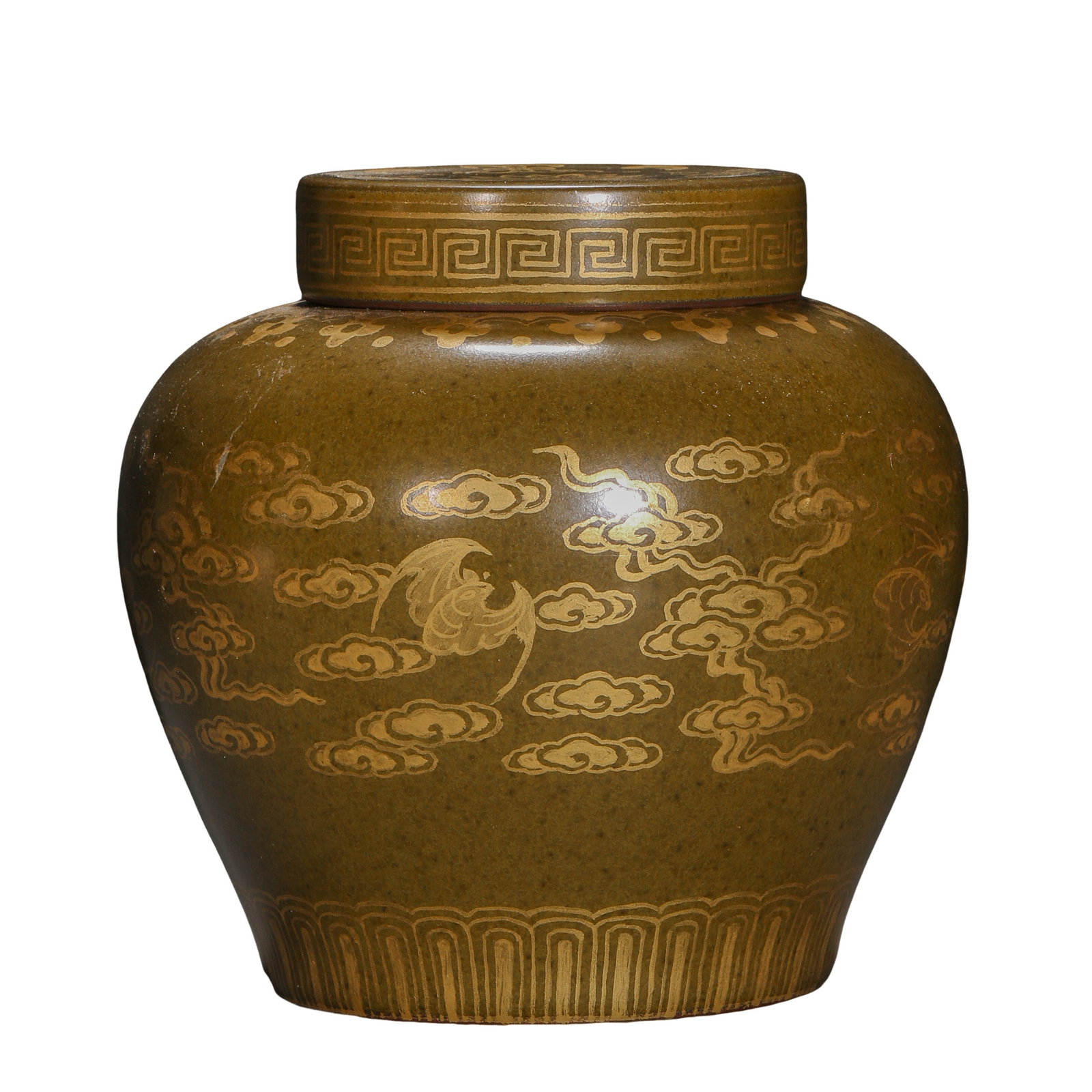 Qianlong Period (18th Century), Qing Dynasty Gilt-Decorated Tea-Dust Glazed Covered Jar with Cloud: Dimensions: Qing Dynasty Qianlong Period, 18th century. Height 10.5 cm (4.1 in); Mouth Diameter 10.5 cm (4.1 in)?Condition & Provenance: Excellent overall condition with the original fitted cover pres