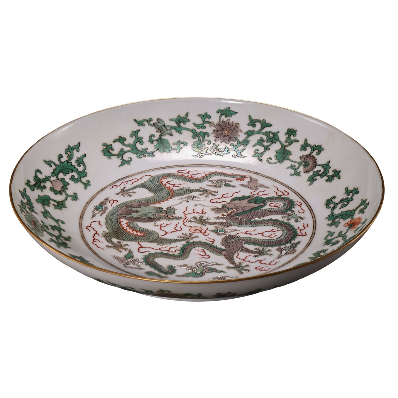 A Large Famille Verte Porcelain Dish with Double Dragons Chasing the Pearl and Floral Scroll (1 of 11)