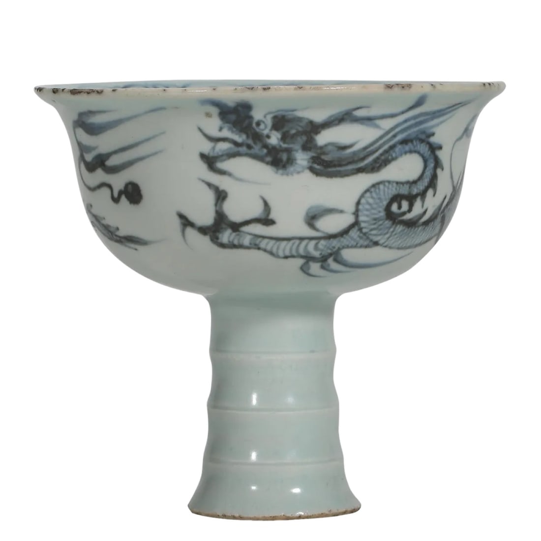 Yuan Dynasty–Early Ming Dynasty Blue and White Dragon-Decorated Bamboo-Section Stem Bowl (Late: Dimensions: Rim diameter 11.5 cm (4.5 in); Height 10.5 cm (4.1 in); Late 14th–Early 15th Century?Condition & Provenance: Well preserved with a warm glaze surface and naturally aged blue and white de