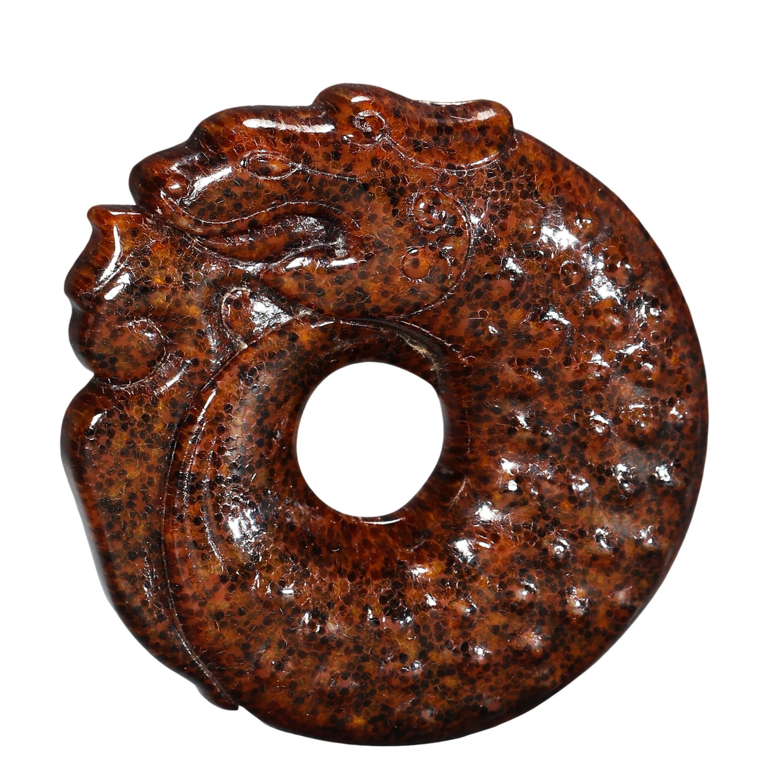 Warring States Period (475–221 BCE) Hetian Jade Coiled Dragon and Grain Pattern Bi Disc Pendant: Dimensions: Diameter 4.8 cm (1.89 in), Weight 26 g (0.92 oz), Warring States Period (5th–3rd century BCE)?Condition & Provenance: The piece is in good condition, featuring warm Hetian jade with exte
