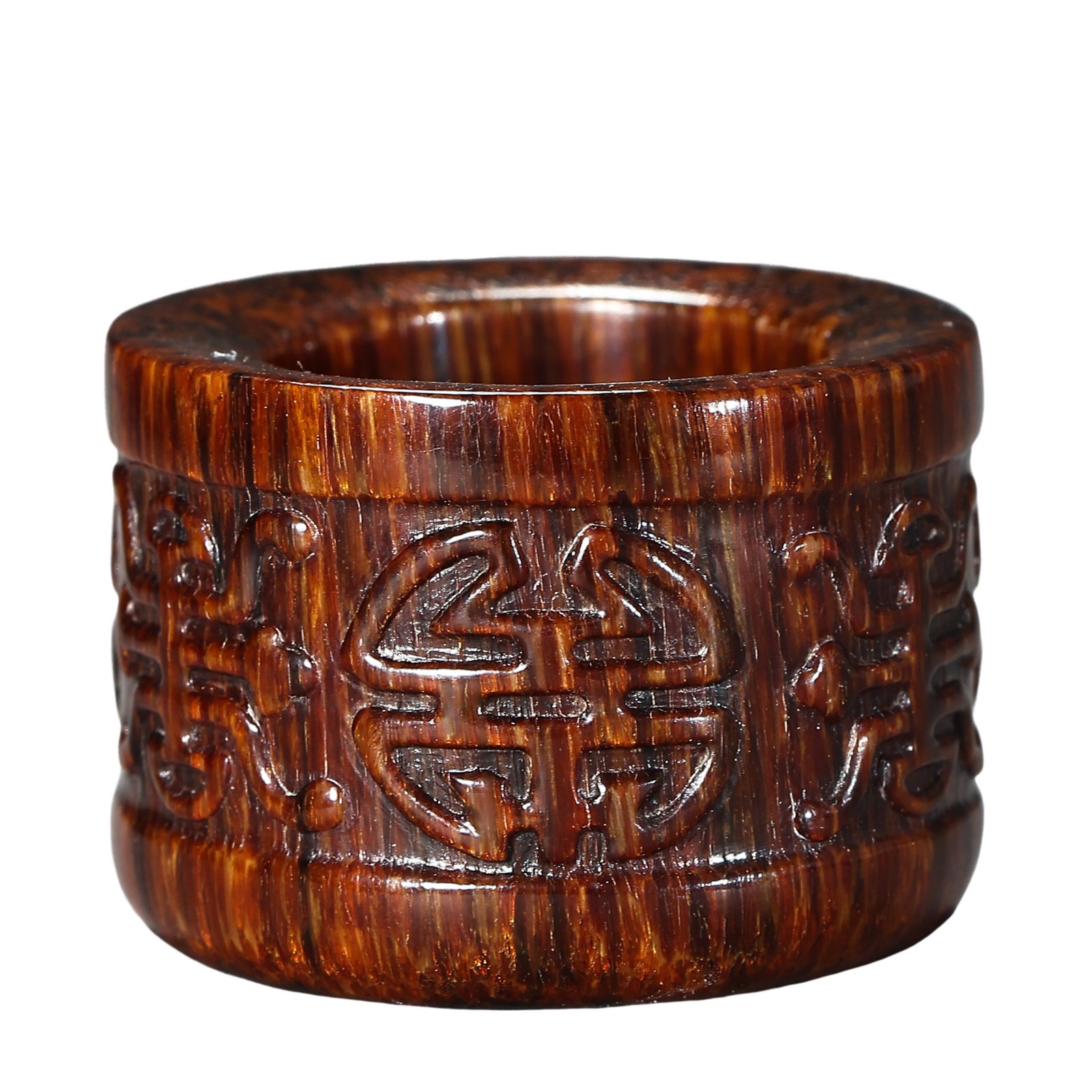 Qing Dynasty (17th–19th Century) Rhinoceros Horn Style Archaic Ring with Longevity Character: Dimensions: Outer Diameter 3.6 cm (1.42 in), Height 2.5 cm (0.98 in), Weight 18 g (0.63 oz), Qing Dynasty (17th–19th century)?Condition & Provenance: The piece is in good condition, with finely deta