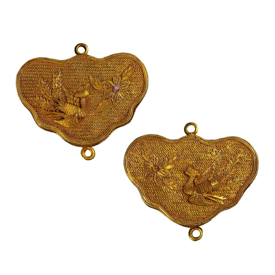 Qing Dynasty Qianlong Period (1736–1795) Pair of Gilt Silver Filigree Phoenix Motif Ruyi-Shaped: Dimensions: Each piece: L. 6 cm (2.36 in), H. 5.5 cm (2.17 in); total weight 76 g, 18th century?Condition & Provenance: The pair is preserved in good condition with well-maintained gilding and finely 