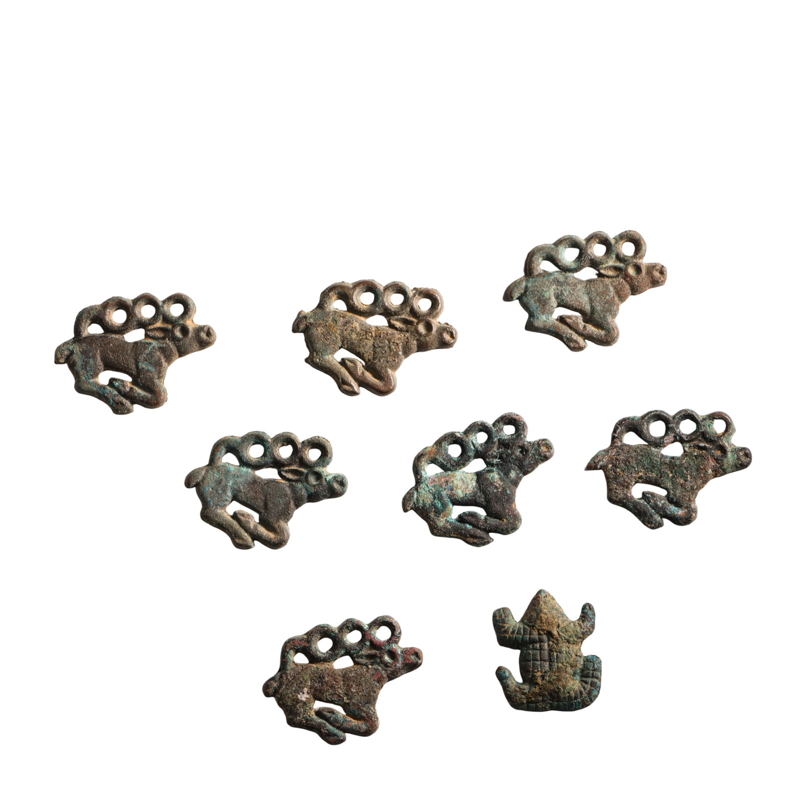 Warring States Period (5th–3rd Century BCE) Set of Eight Bronze Animal Plaques from the Northern: Dimensions: Deer plaque: L. 3.2 cm (1.26 in), H. 2.4 cm (0.94 in); Frog-shaped plaque: L. 2.1 cm (0.83 in), H. 2.4 cm (0.94 in); Total weight: 38 g, 5th–3rd century BCE?Condition & Provenance: The g