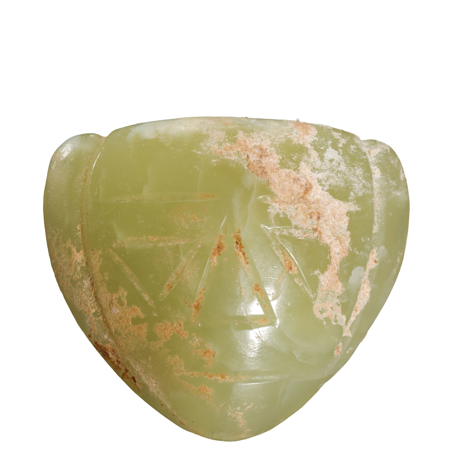 Hongshan Culture Yellow?Jade Cicada Pendant: Dimensions: 4700?2900 BCE, H. 3.5 cm (1.38 in), W. 4 cm (1.57 in), Weight: 20.5 g Condition & Provenance: Fully intact with natural earth encrustations, ancient twin perforations on reverse, no modern