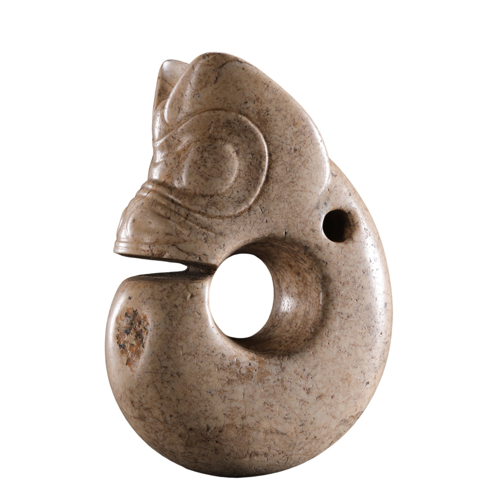 Neolithic Hongshan Culture Calcified “Chicken-Bone-White?? Jade Pig-Dragon, Zhulong (7500–2900: Dimensions: H. 8.2 cm (approx. 3.23 in / 0.27 ft); W. 6 cm (approx. 2.36 in / 0.20 ft); Weight: 141 g (approx. 4.97 oz); Neolithic Period, Hongshan Culture, 7500–2900 BCE?Condition & Provenance: Pre