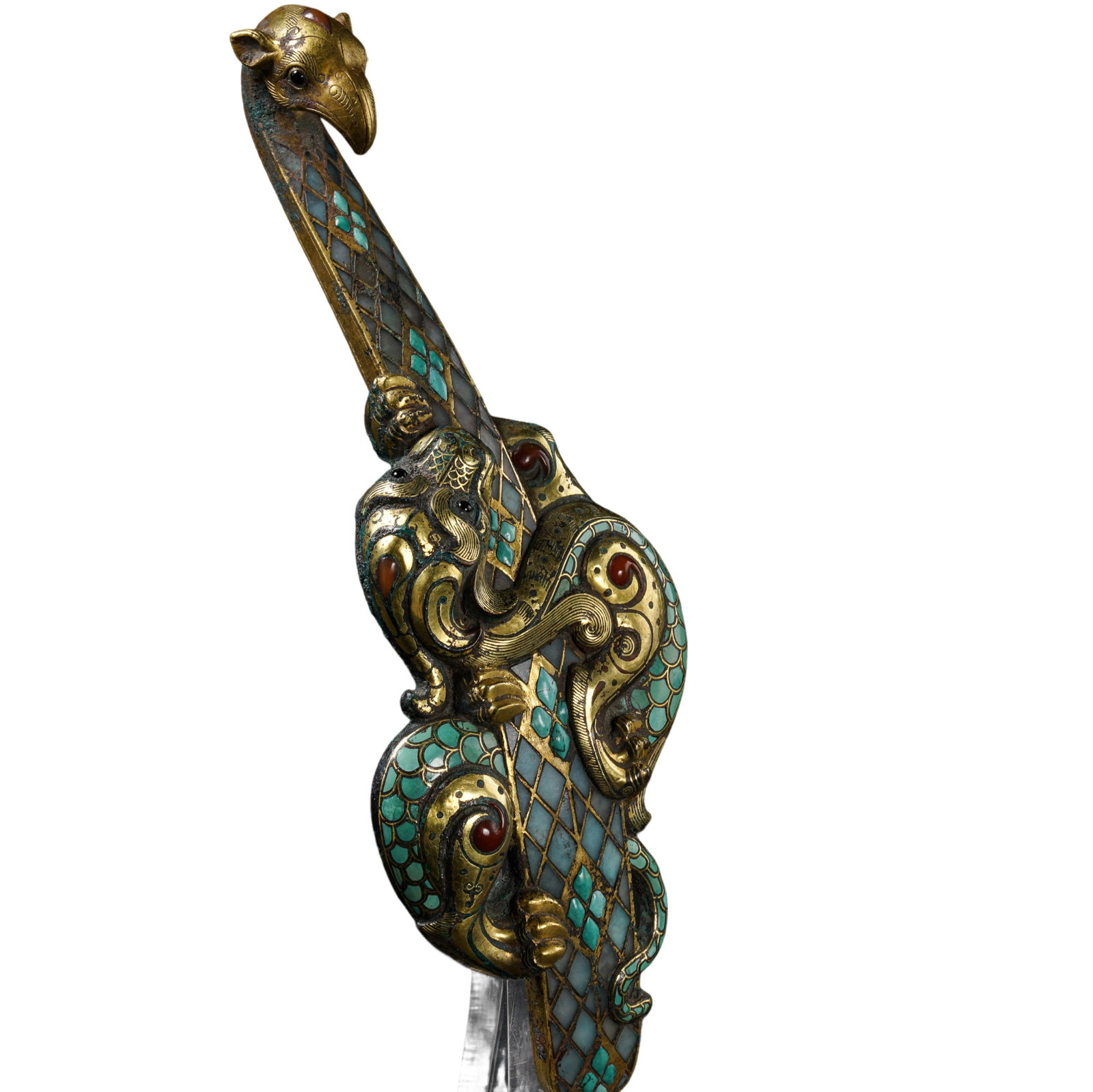 Warring States Period Gilt Bronze Belt Hook Inlaid with Turquoise and Agate, Decorated with Dragon: Dimensions: Length 20 cm (7.87 in); Weight 440 g, Warring States Period (5th–3rd Century BCE)?Condition & Provenance: The piece is preserved in good overall condition, with the original gilding, inl
