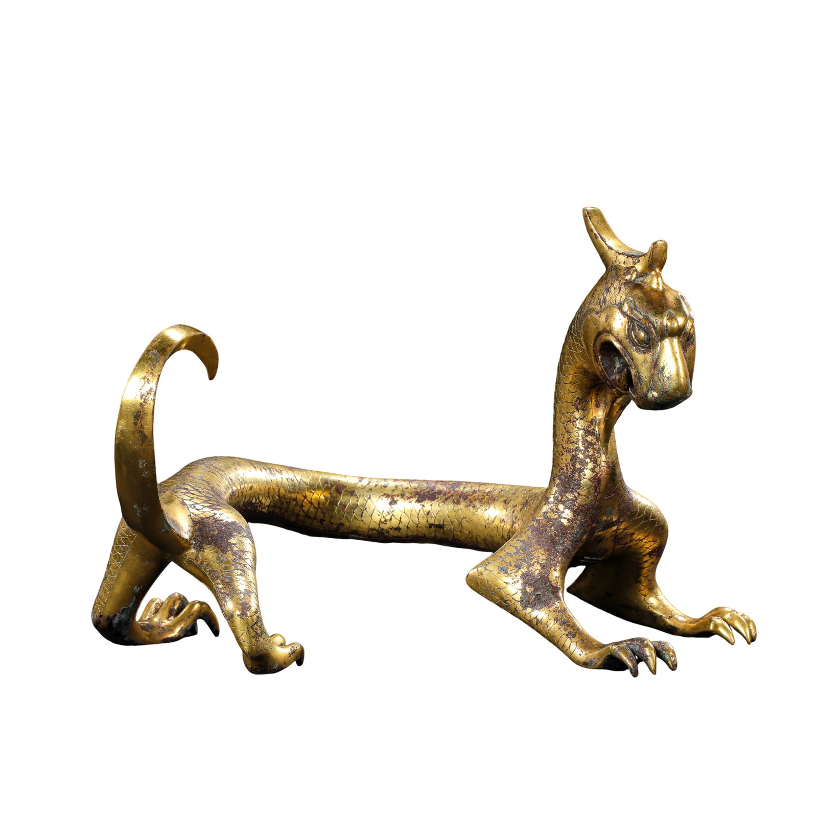 Han Dynasty Gilt Bronze Walking Dragon Sculpture (2nd Century BCE–2nd Century CE): Dimensions: Length 27 cm (10.63 in); Height 18 cm (7.09 in); Weight 3.5 kg, Han Dynasty (2nd Century BCE–2nd Century CE)?Condition & Provenance: The sculpture is preserved in good overall condition,