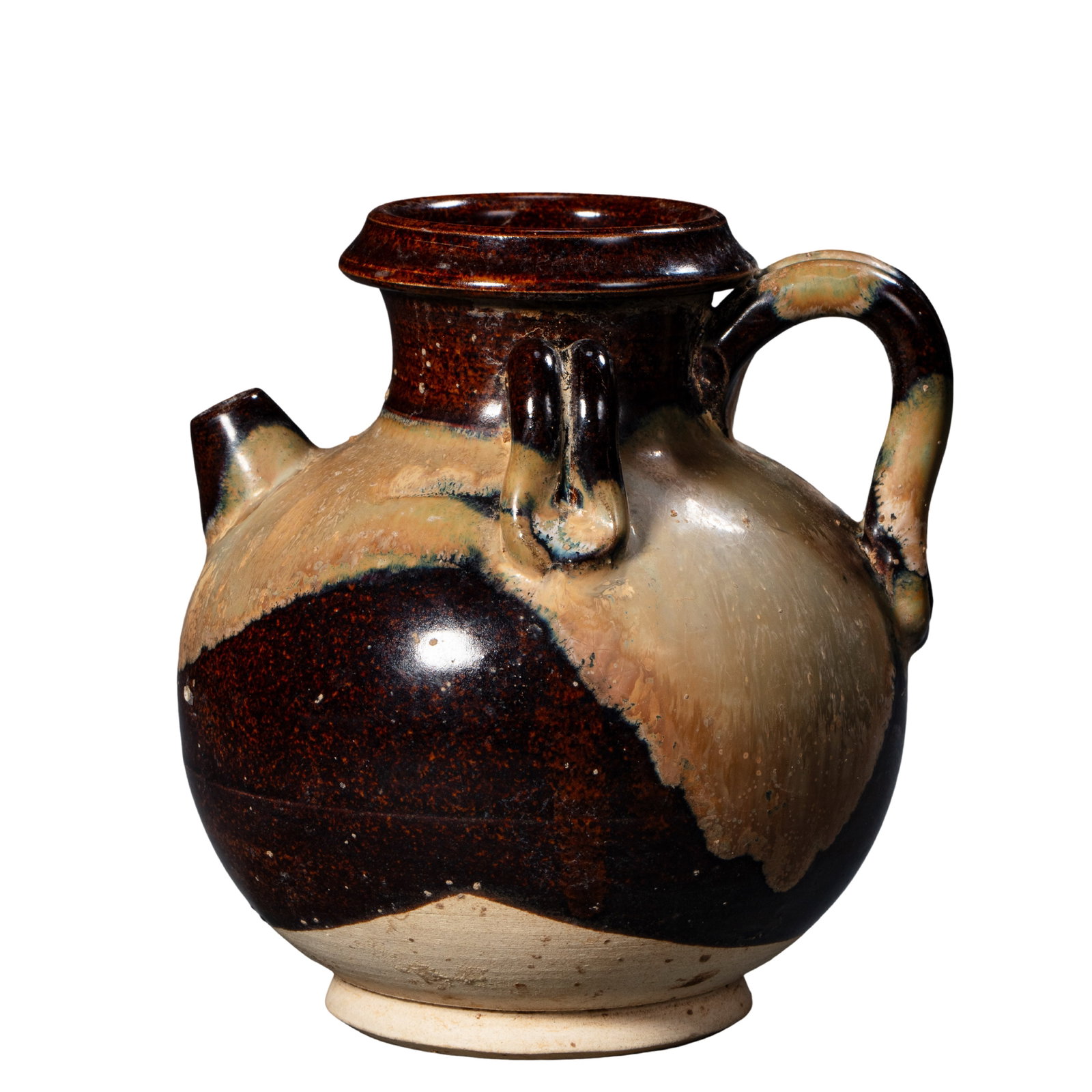 Northern Song Dynasty Brown-Glazed Splashed Color Double-Strap Ewer (10th–12th Century): Dimensions: Height 12.2 cm (4.80 in); Maximum body diameter 11.4 cm (4.49 in); Northern Song Dynasty, 11th century?Condition & Provenance: The vessel remains in excellent overall condition, with a com