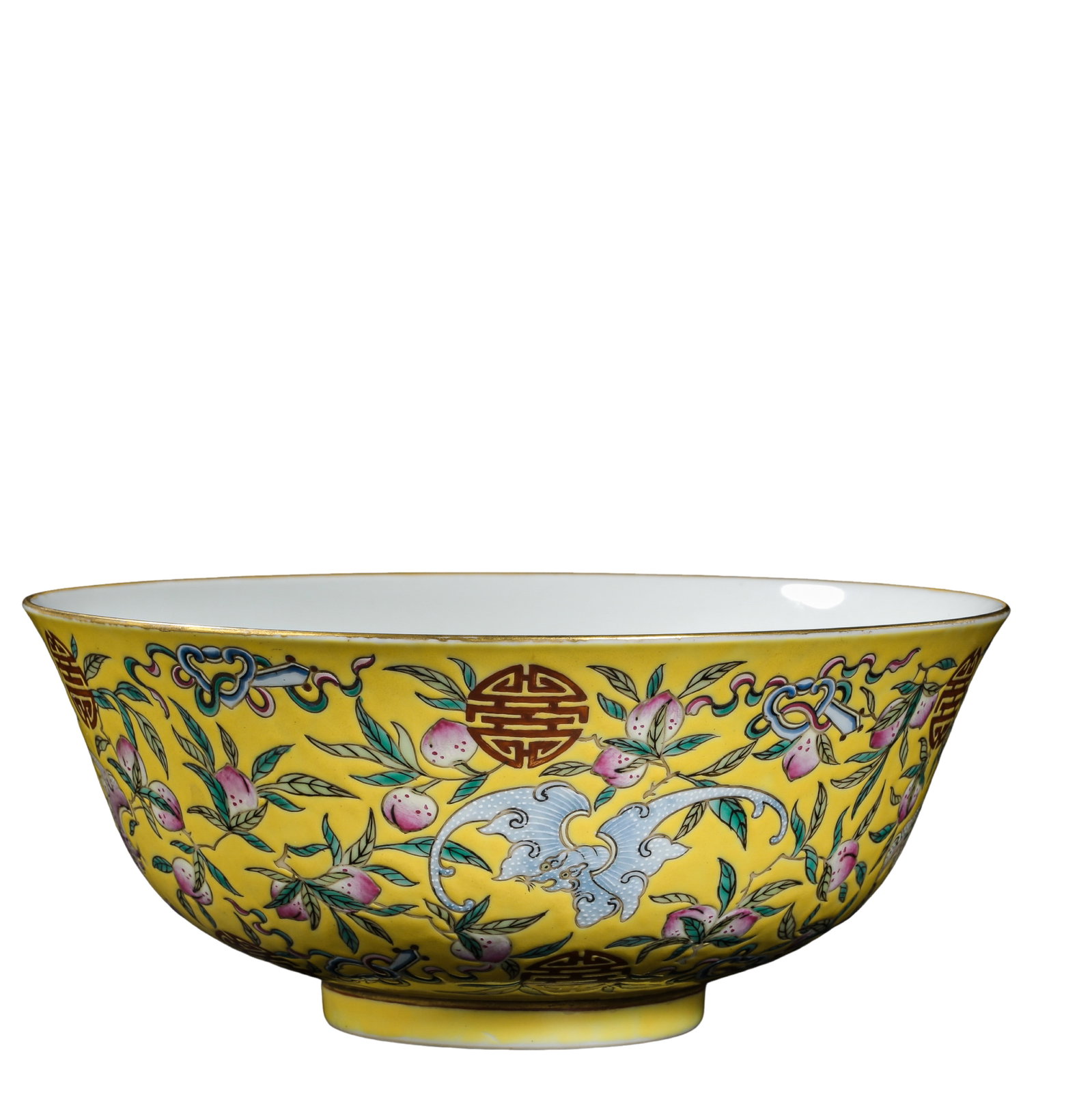 A Large Yellow-Ground Famille Rose “Bat and Longevity?? Bowl, Qing Dynasty, Guangxu Period (1 of 10)