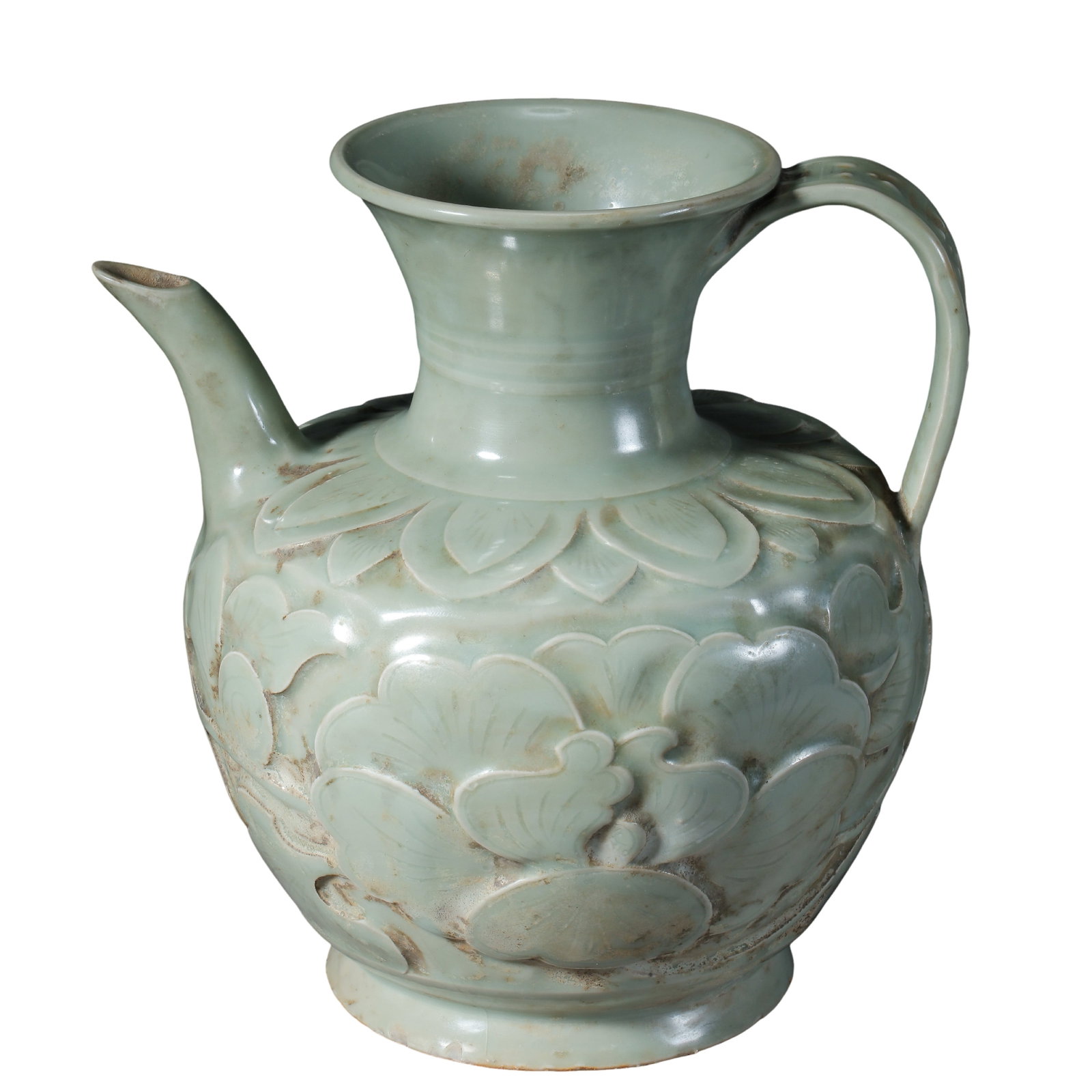 Yaozhou Kiln Celadon Carved Peony Ewer, Song Dynasty (11th–12th century, Northern Song to Jin: Dimensions: 11th–12th century, H. 17.8 cm (7.0 in), Max. body diameter 17.5 cm (6.9 in)?Condition & Provenance: The ewer is in good overall condition with well-preserved glaze and clearly defined ca
