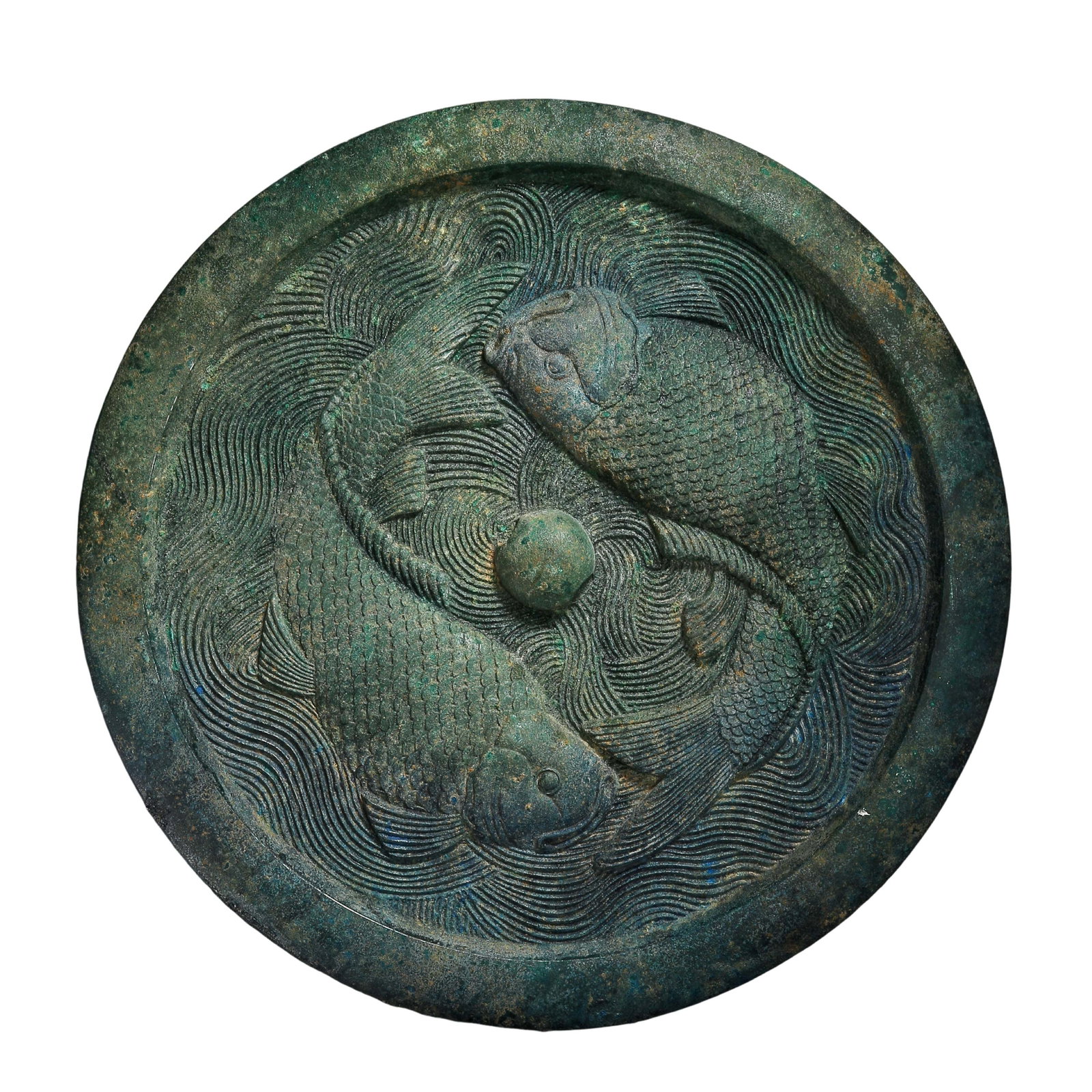 Large Han Dynasty Bronze Mirror with Double Fish Design (206 BCE–220 CE): Dimensions: Diameter 36cm (14.2in), Weight 7,850g (17.3lb), circa 1st–3rd century?Condition & Provenance: Well preserved with a substantial bronze body. The surface displays a naturally developed de