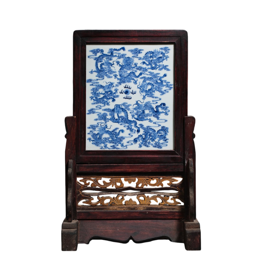 Kangxi Period (Late 17th–Early 18th Century) Blue and White “Nine Dragons?? Porcelain Panel: Dimensions: Overall Height 41 cm (approx. 16.1 in), Width 25.5 cm (approx. 10 in), Late 17th–Early 18th Century?Condition & Provenance: Good overall condition. The porcelain panel remains intact wit