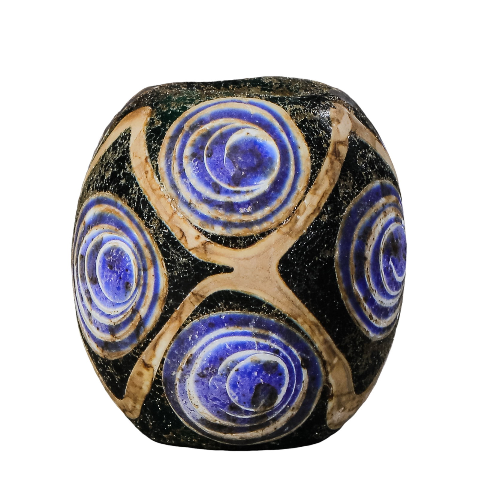Warring States Period Blue and White Spiral-Eye Glass Bead (5th–3rd Century BCE): Dimensions: H. 3.2 cm, Dia. 3 cm, Weight 38 g (approx. H. 1.26 in, Dia. 1.18 in, Weight approx. 1.34 oz); Warring States Period (5th–3rd Century BCE)?Condition & Provenance: Good overall condition w