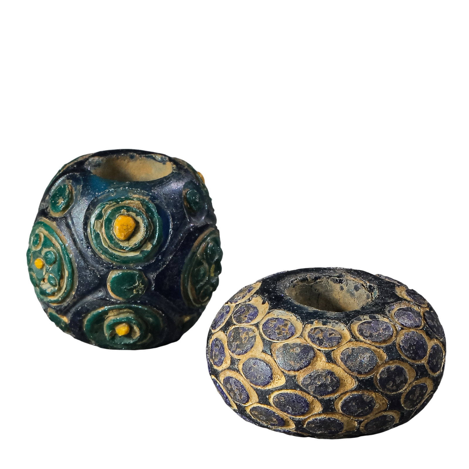 A Pair of Warring States Eye Beads, Ancient Chinese Glass Beads (5th–3rd century BCE): Dimensions: H. 1.9 cm and 1.4 cm (approx. 0.75 and 0.55 in), total weight 28 g (approx. 0.99 oz), Warring States Period (5th–3rd century BCE)?Condition & Provenance: Overall well preserved. Both bea