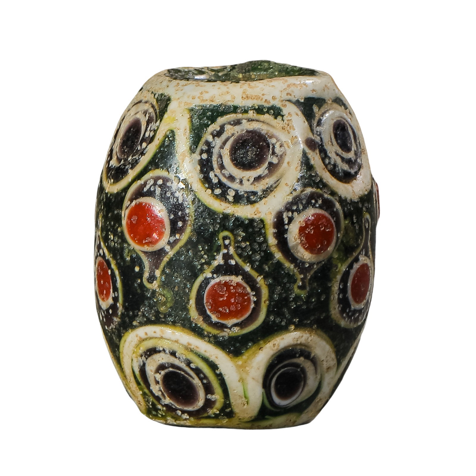 Warring States Period Polychrome Composite-Eye Glass Bead with Green Ground: Dimensions: Warring States Period (475–221 BCE), H. 3 cm (1.18 in), Dia. 2.4 cm (0.94 in), Weight: 23 g (0.81 oz)?Condition & Provenance: Overall in good condition. The bead retains its complete for