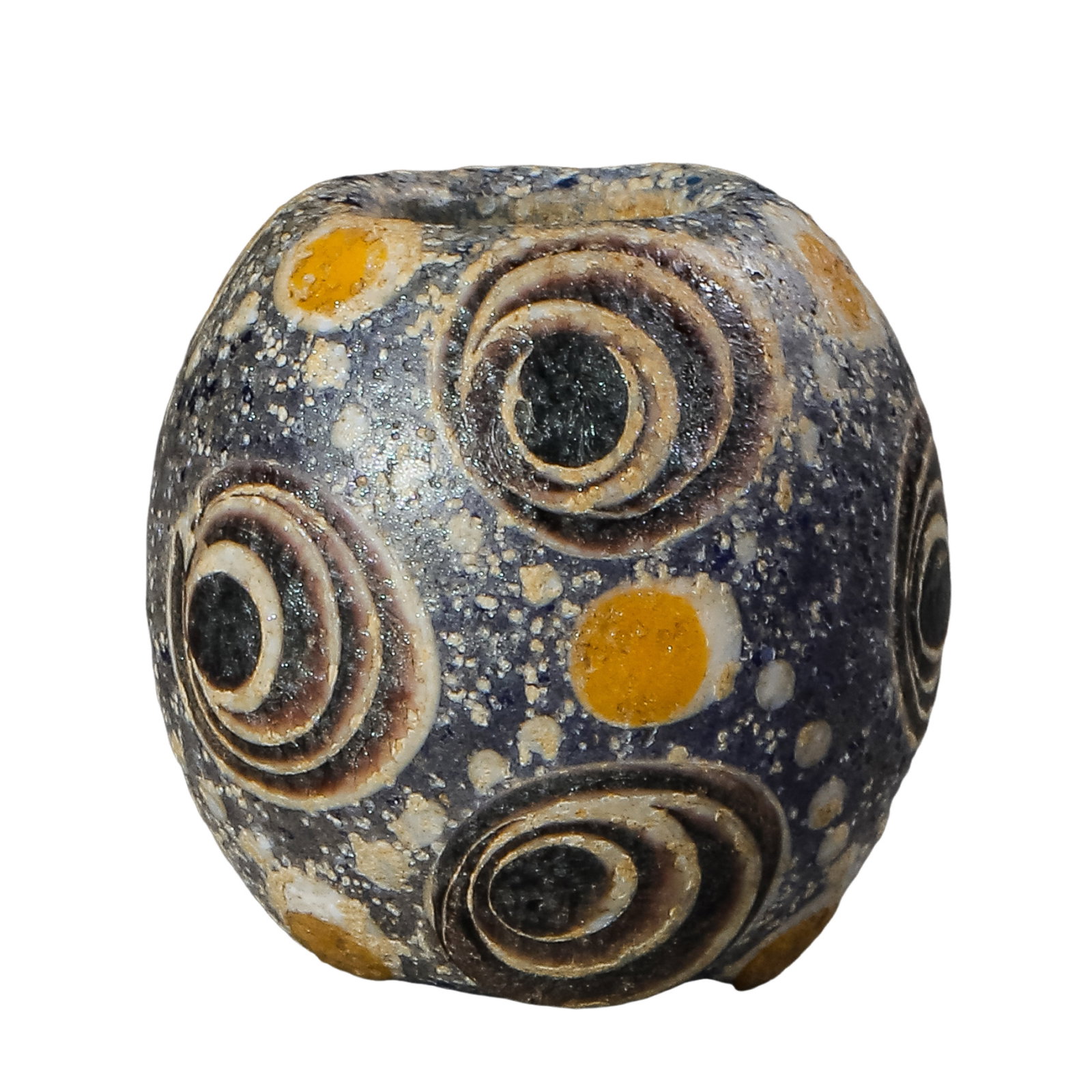 Warring States Period Blue-Ground Multi-Eye Glass Bead (475–221 BCE): Dimensions: Warring States Period (475–221 BCE), H.2.6cm (1.02in), Dia.2.7cm (1.06in), Weight:24g (0.85oz)?Condition & Provenance:The bead is in good overall condition. It retains its complete form 
