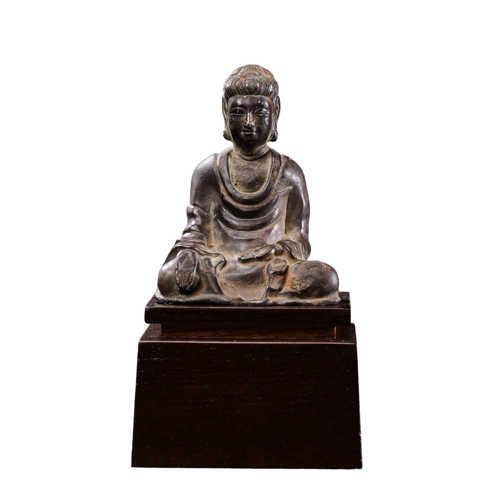 an Ancient Bronze Seated Buddha Shakyamuni Figure (Sui–Tang Dynasty, 7th–10th Century): Dimensions: Sui–Tang Dynasty, 7th–10th Century, Buddha Height 6.5 cm (2.56 in), Width 5 cm (1.97 in), Weight 70 g, Total Height with Original Wooden Base 10.5 cm (4.13 in)?Condition & Provenance: 