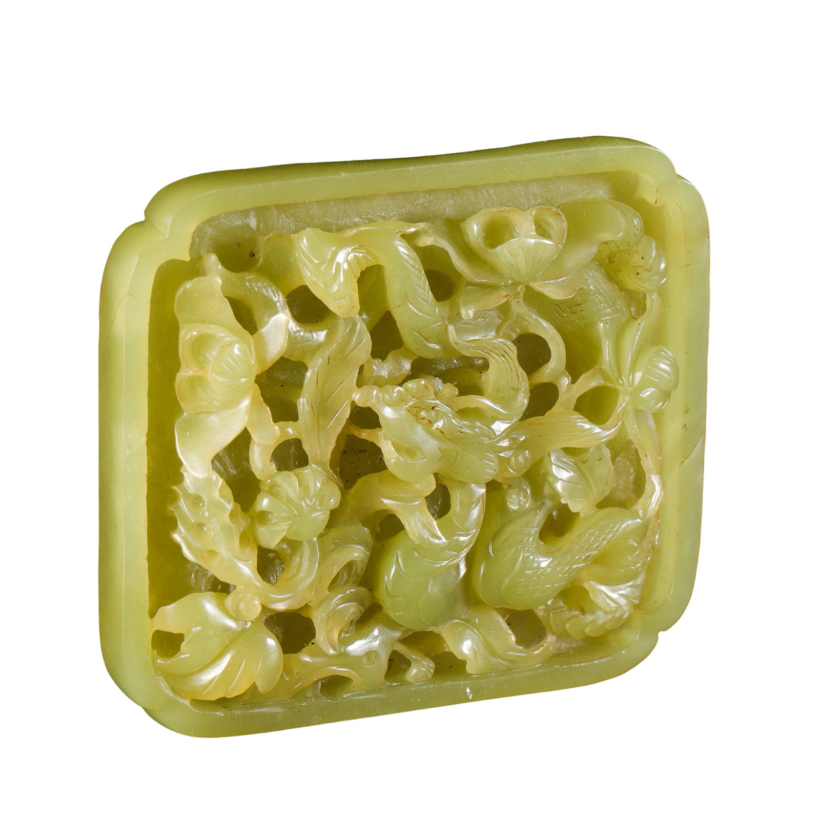 Carved Hetian Jade Belt Plaque with Openwork Dragon and Floral Motifs, Ming–Qing Dynasty Period: Dimensions: Ming–Qing Dynasty Period (17th–19th Century), Length 6 cm (2.36 in), Width 5.2 cm (2.05 in), Thickness approximately 0.8 cm, Weight 50 g (1.76 oz)?Condition & Provenance: Good overall 