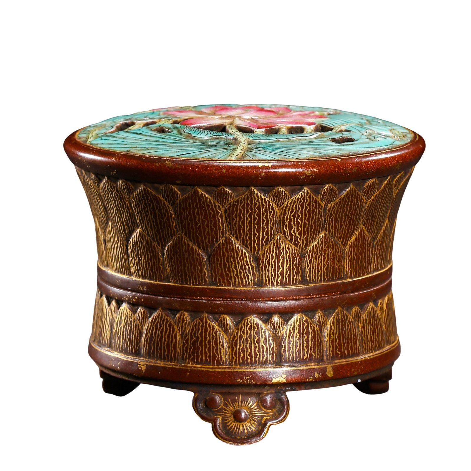 Qianlong Period (18th Century) Gilt-Bronze and Polychrome Lotus Three-Legged Incense Burner: Dimensions: Qing Dynasty, 18th century; Diameter 8.8 cm (3.46 in), Height 7.5 cm (2.95 in), Weight not provided?Condition & Provenance: The incense burner is in well-preserved condition, with the orig