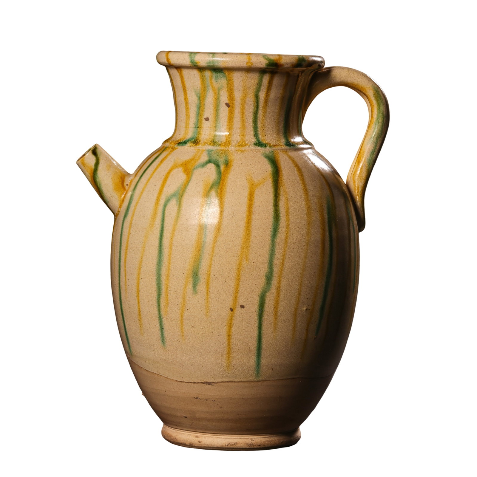 Tang Dynasty (8th Century) Sancai Yellow and Green Dripping Glaze Ewer: Dimensions: 8th Century (Tang Dynasty); Height 18 cm (7.09 in), approximately 0.59 ft?Condition & Provenance: The ewer is preserved in very good condition with natural glaze crackling and well-preserv